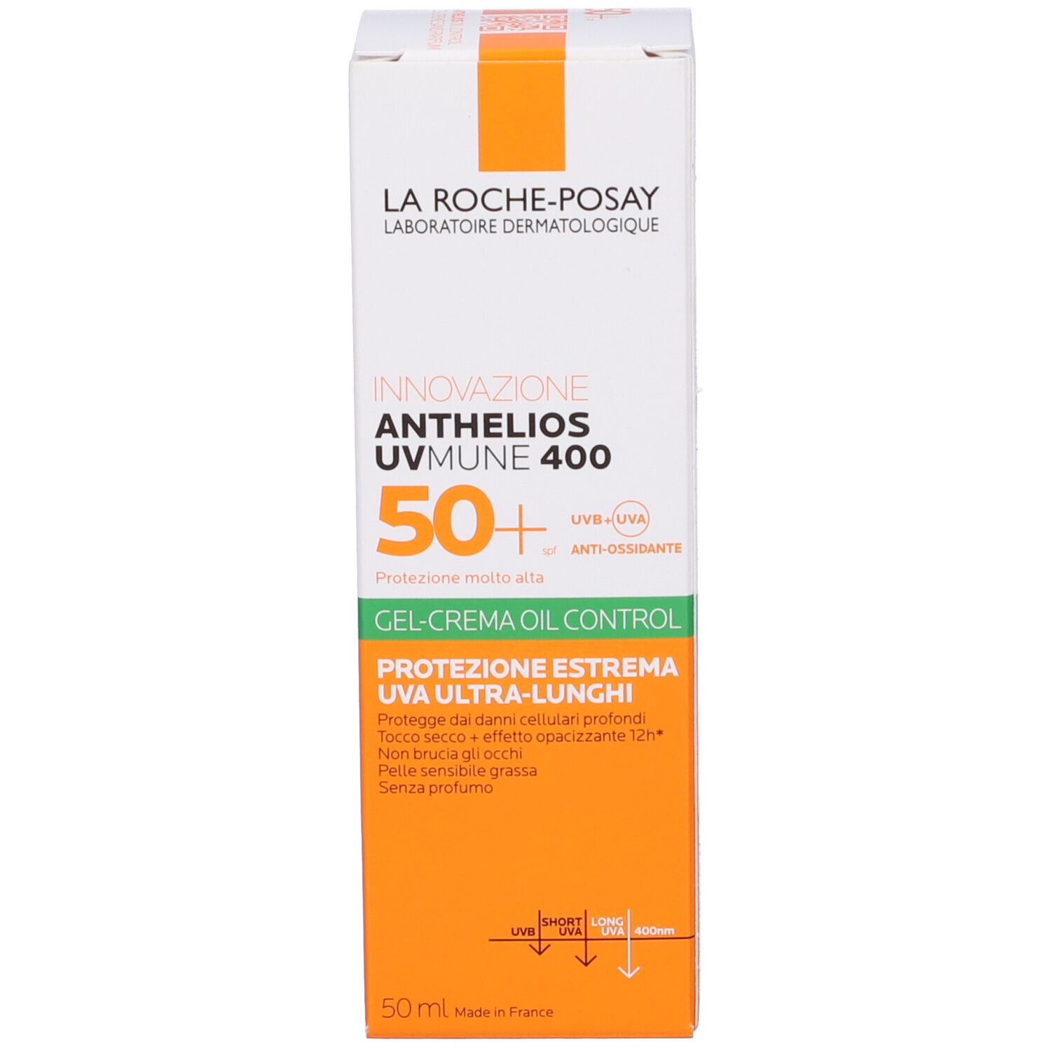 La Roche-Posay Anthelios XL Gel Creme 50+. Confezione. Colori arancione e bianco. Testo: protezione UV, 50+.