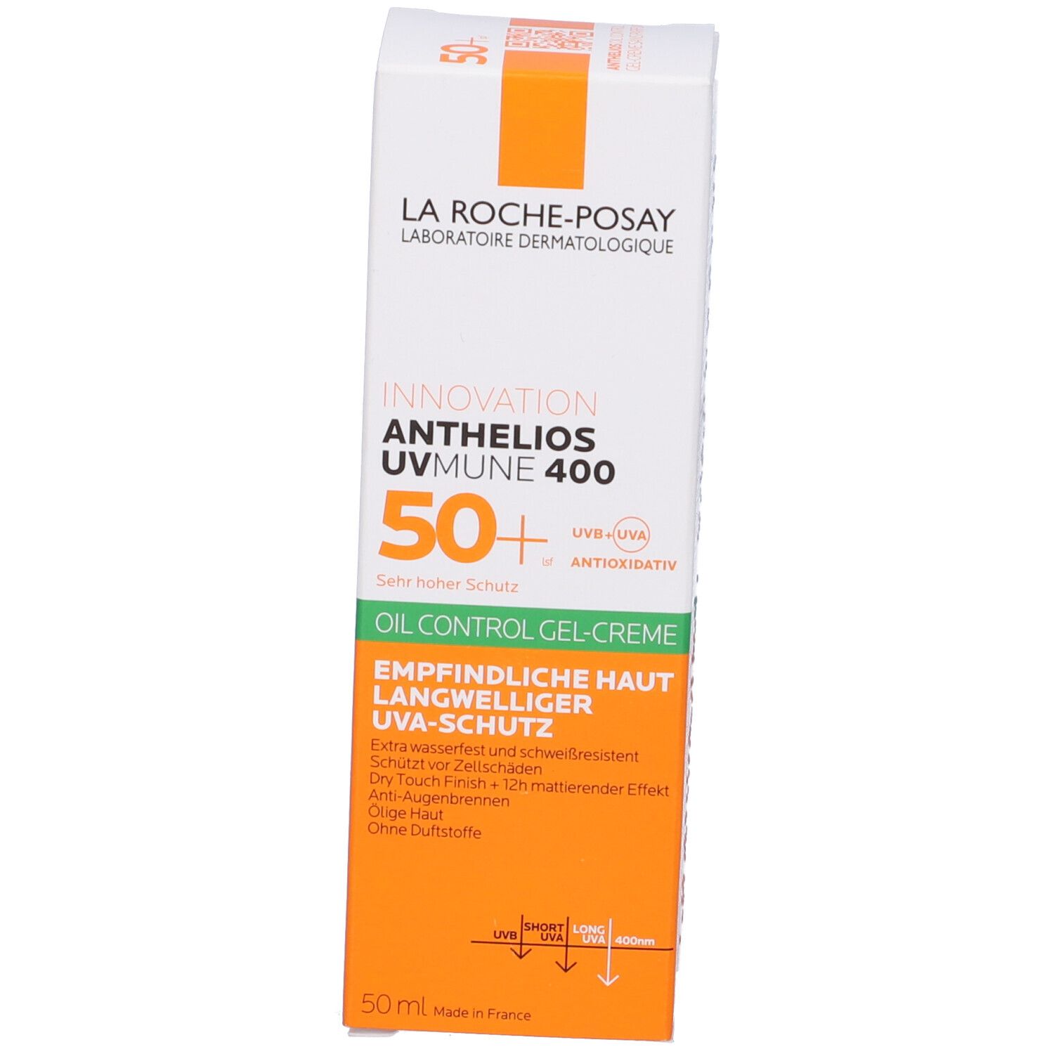 La Roche-Posay Anthelios XL Gel Creme 50+. Confezione. Testo in tedesco. Arancione, bianco e verde.