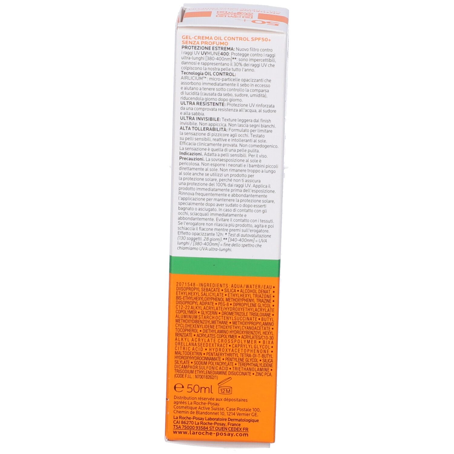 La Roche-Posay Anthelios XL Gel Creme 50+. Confezione. Testo in italiano. Arancione, bianco e verde.