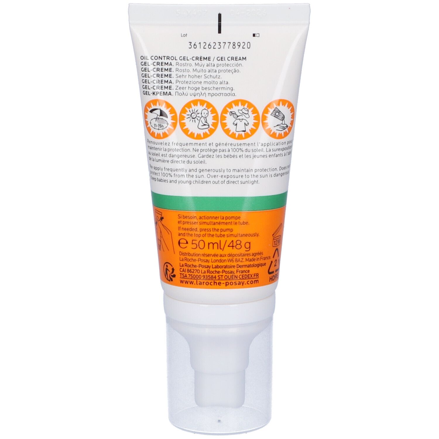Rückseite der Sonnencreme-Tube ANTHELIOS UVmune 400 50+. Text in mehreren Sprachen. Grüne und orangefarbene Streifen.