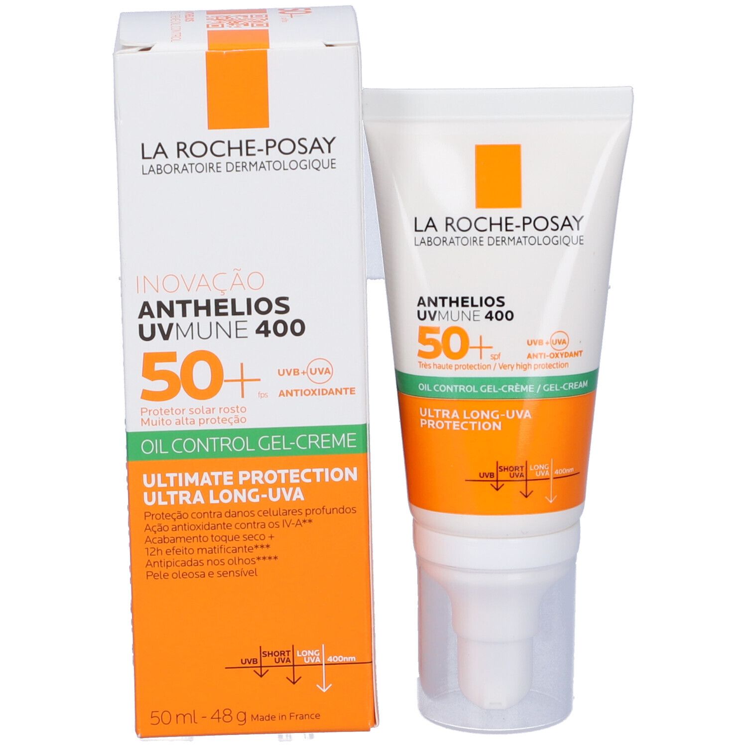 Sonnencreme-Tube und Schachtel. Aufschrift ANTHELIOS UVmune 400 50+. Orangefarbene Schachtel mit weißer Schrift.