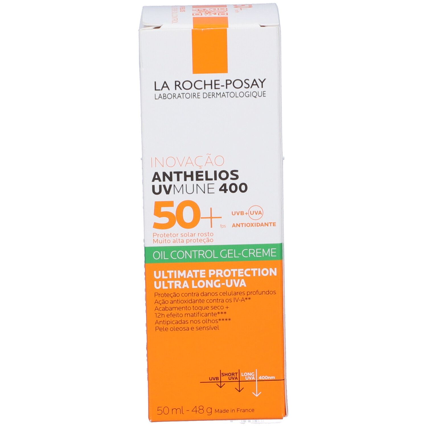 Sonnencreme-Schachtel mit Aufschrift ANTHELIOS UVmune 400 50+. Orangefarbene Schachtel mit weißer Schrift.