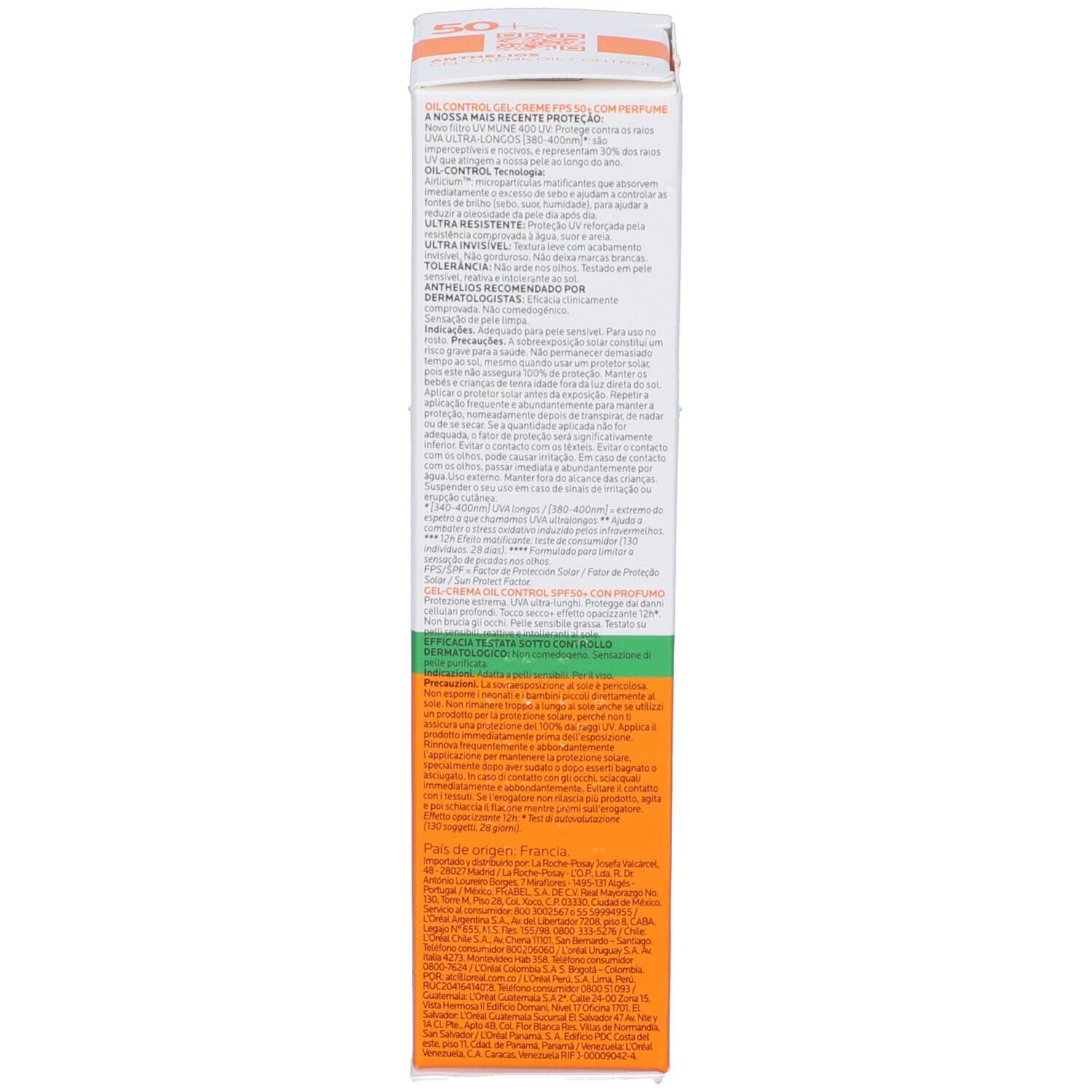 Rückseite der Sonnencreme-Schachtel ANTHELIOS UVmune 400 50+. Text in mehreren Sprachen. Orangefarbene und grüne Streifen.