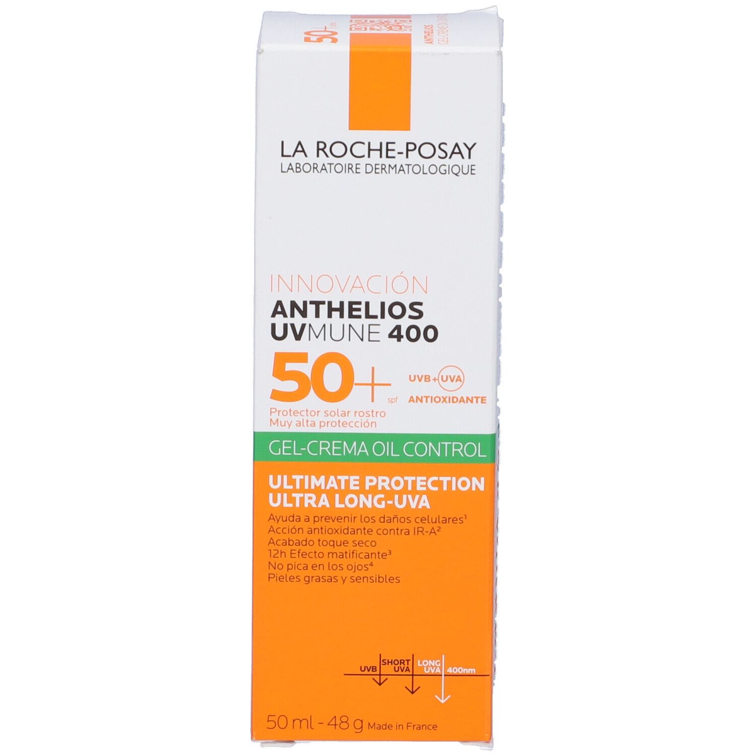 Sonnencreme-Schachtel mit Aufschrift ANTHELIOS UVmune 400 50+. Orangefarbene Schachtel mit weißer Schrift.