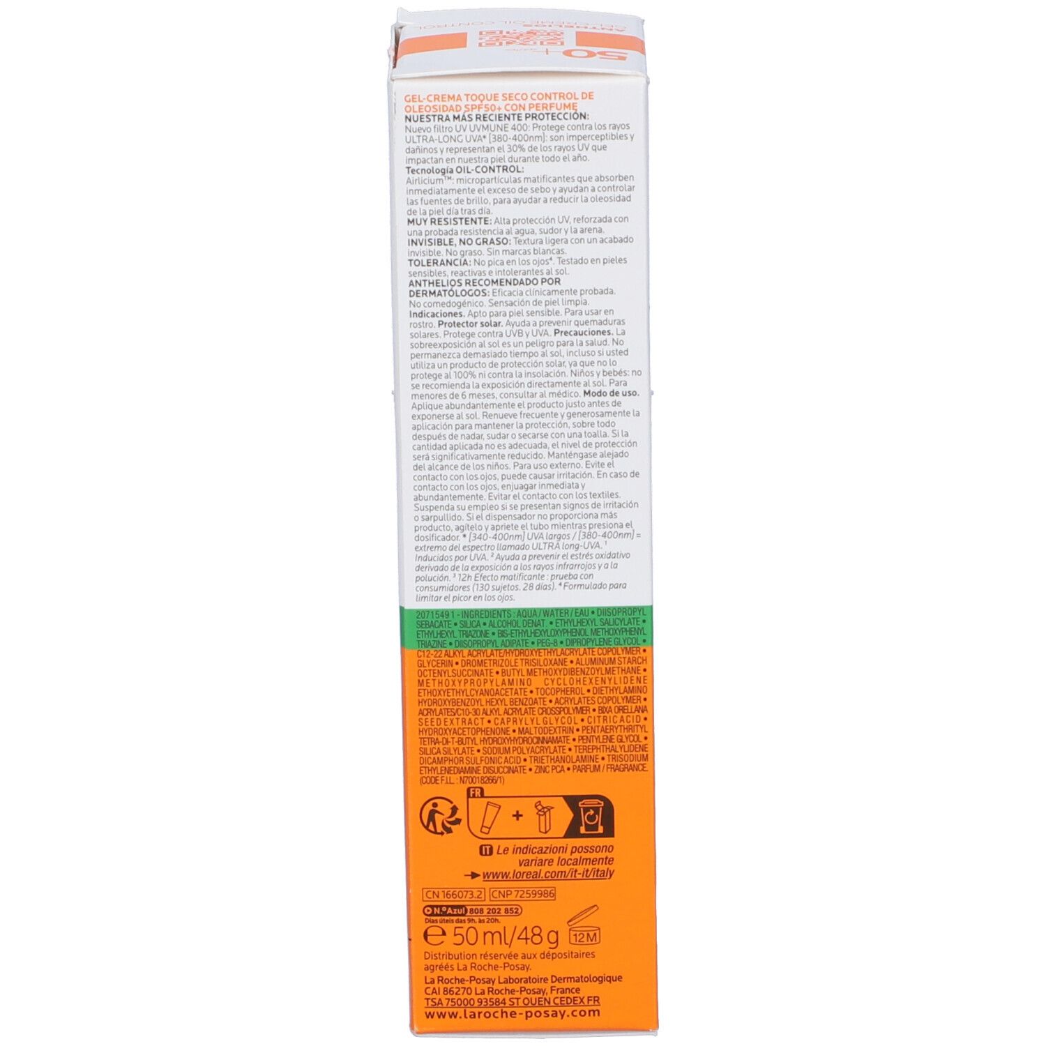 Rückseite der Sonnencreme-Schachtel ANTHELIOS UVmune 400 50+. Text in mehreren Sprachen. Orangefarbene und grüne Streifen.