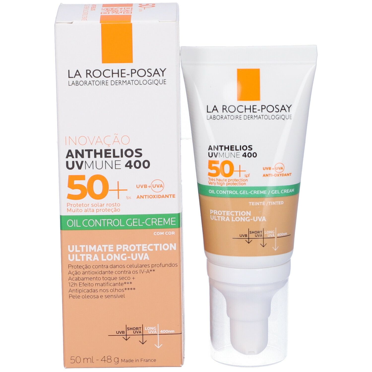 Crema e confezione La Roche-Posay Anthelios XL LSF 50+. Bianco e arancione. Testo: Anthelios, UVmune 400, Oil Control Gel-Crema.