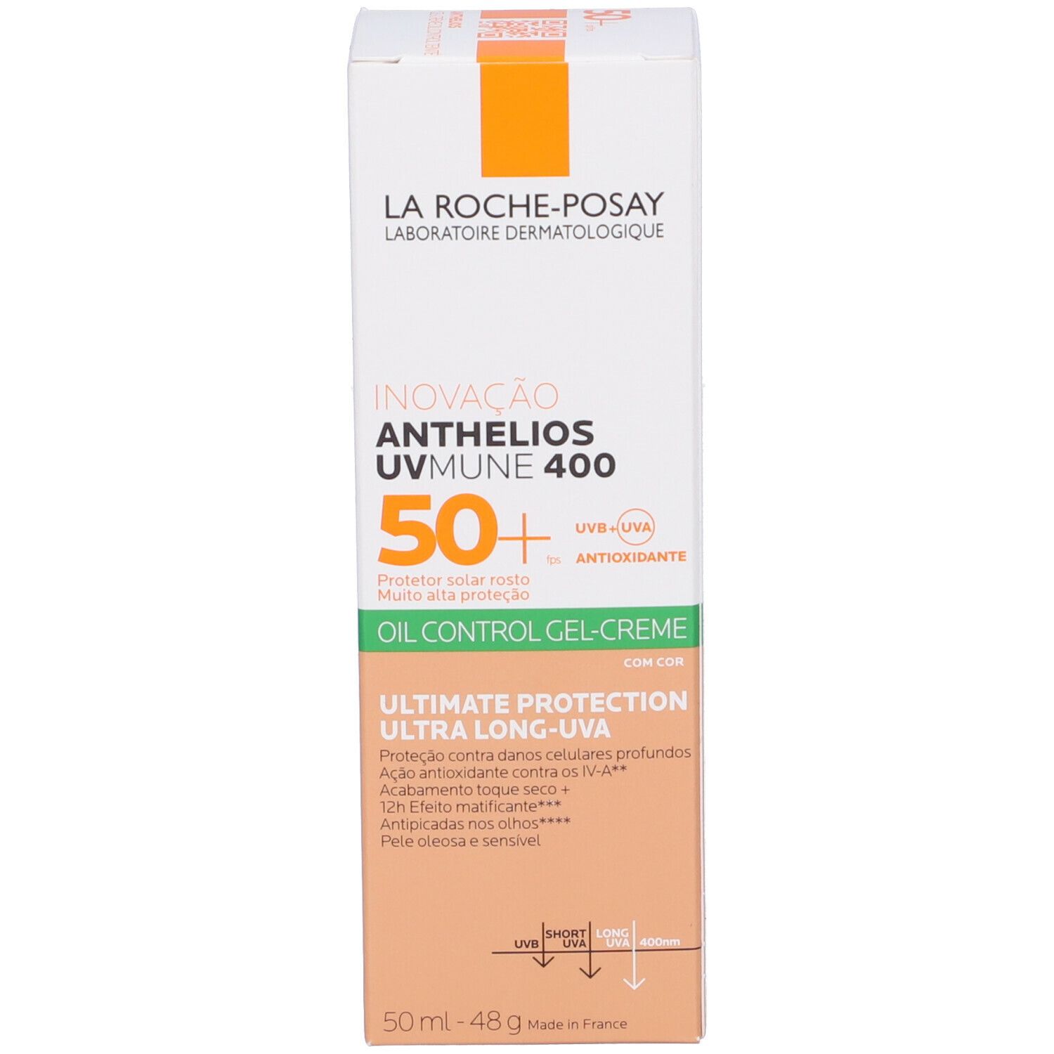 Confezione La Roche-Posay Anthelios XL LSF 50+. Bianco e arancione. Testo: Anthelios, UVmune 400, Oil Control Gel-Crema.