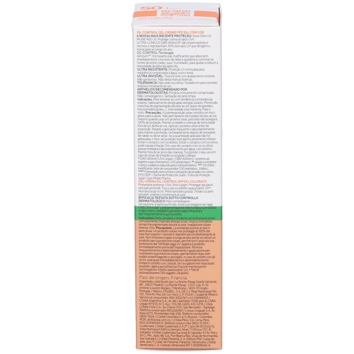 Retro della confezione La Roche-Posay Anthelios XL LSF 50+. Testo multilingue. Verde, beige e arancione.