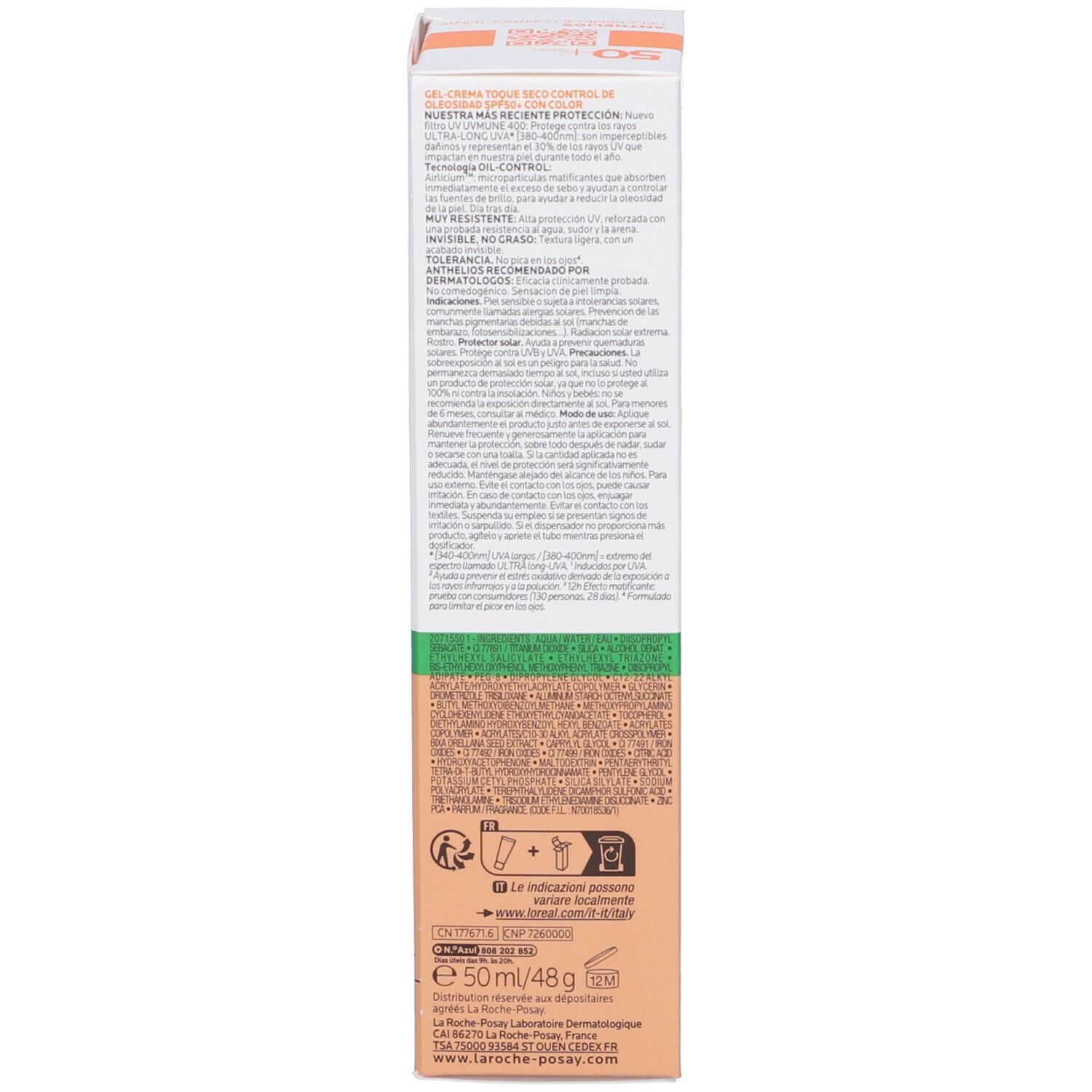 Retro della confezione La Roche-Posay Anthelios XL LSF 50+. Testo multilingue. Verde, beige e arancione.