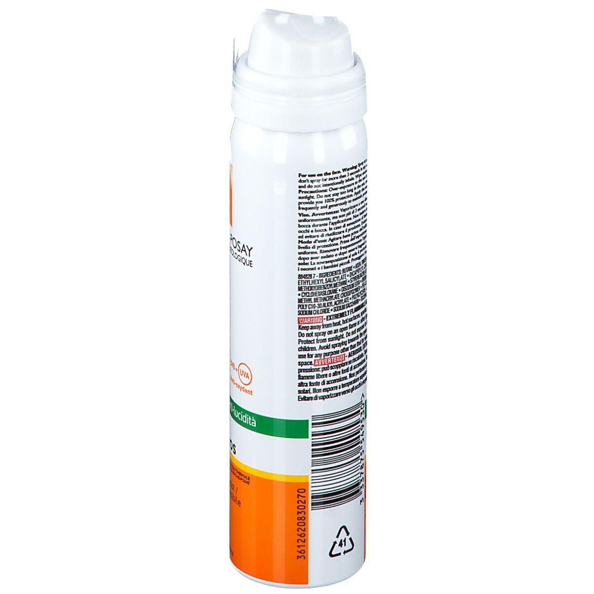 Retro dello spray. Testo multilingue. Striscia verde-arancione. Scritta: 75 ml.