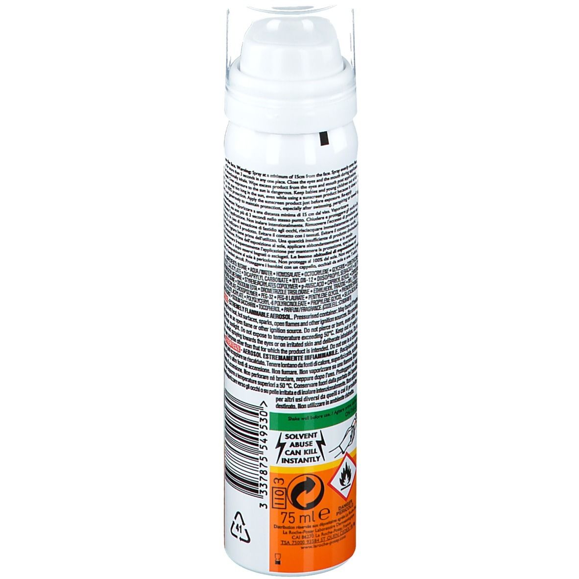 Retro dello spray. Testo multilingue. Striscia verde-arancione. Scritta: 75 ml.