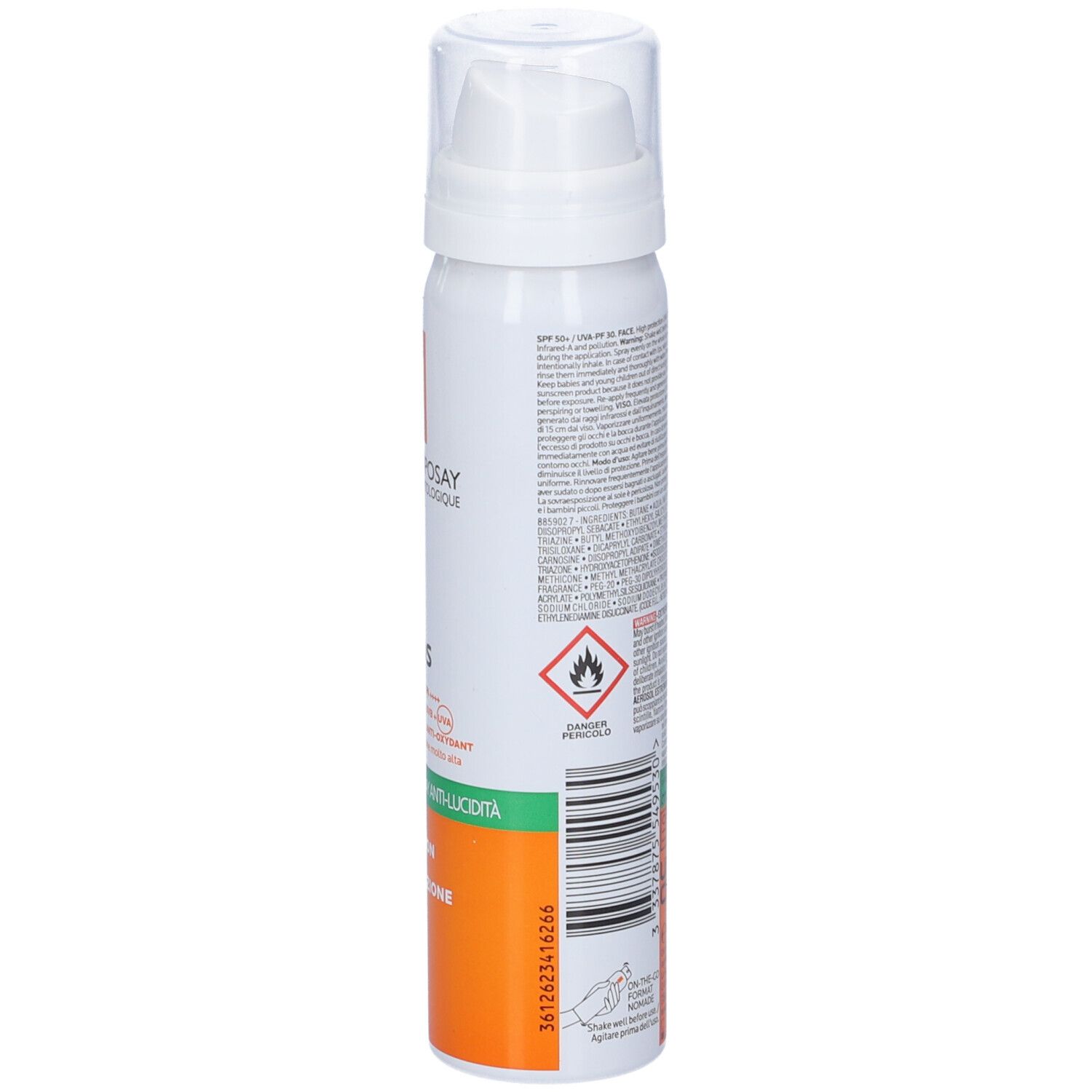 Retro dello spray. Testo multilingue. Striscia verde-arancione. Scritta: 75 ml.