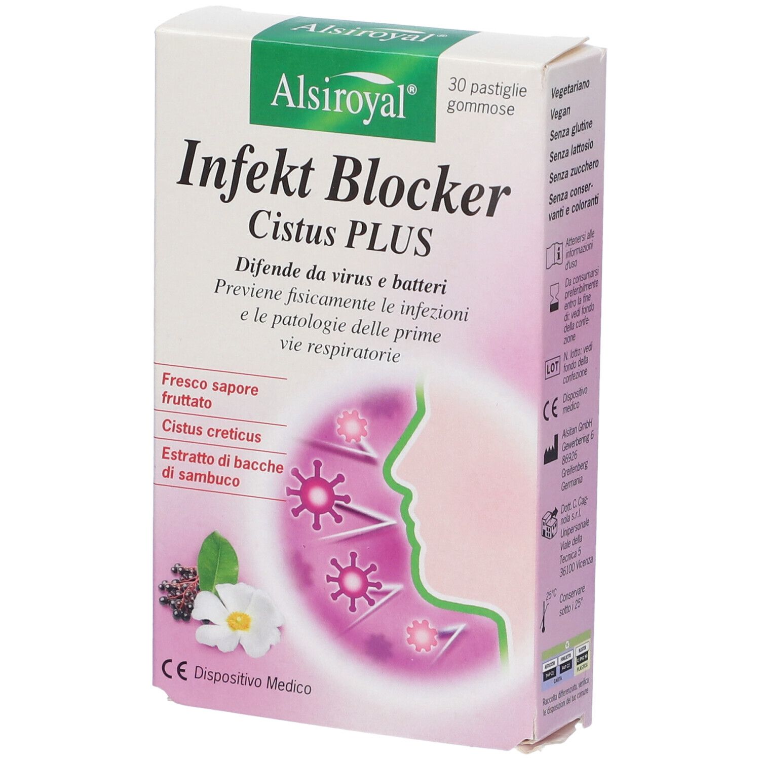 Confezione Alsiroyal Infekt Blocker Cistus Plus, 30 pastiglie gommose. Nome, illustrazione e loghi.