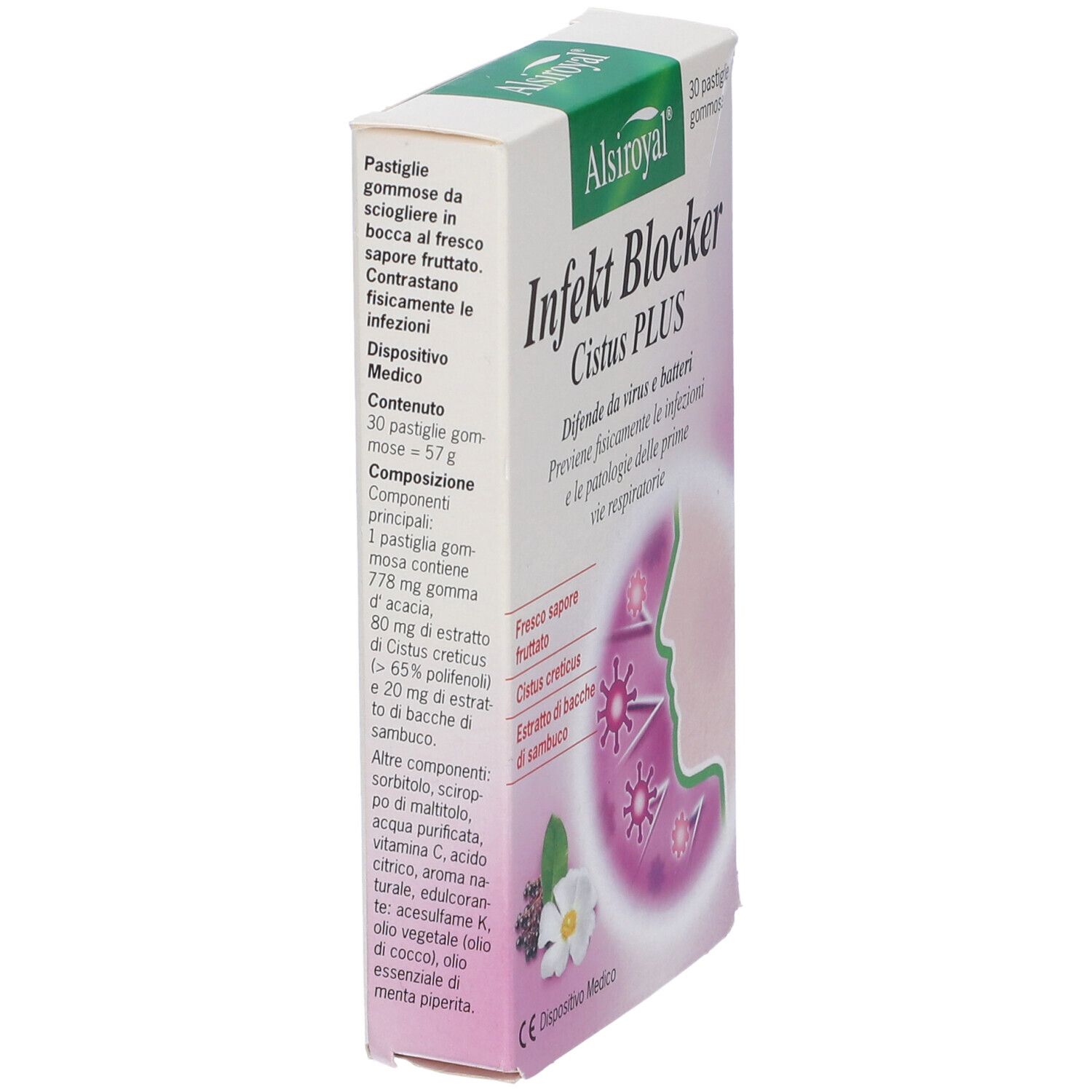 Confezione Alsiroyal Infekt Blocker Cistus Plus, vista laterale. Informazioni e ingredienti.