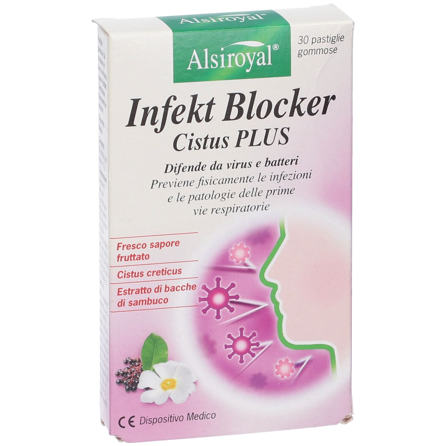 Confezione Alsiroyal Infekt Blocker Cistus Plus, vista frontale. Nome e illustrazione del prodotto.