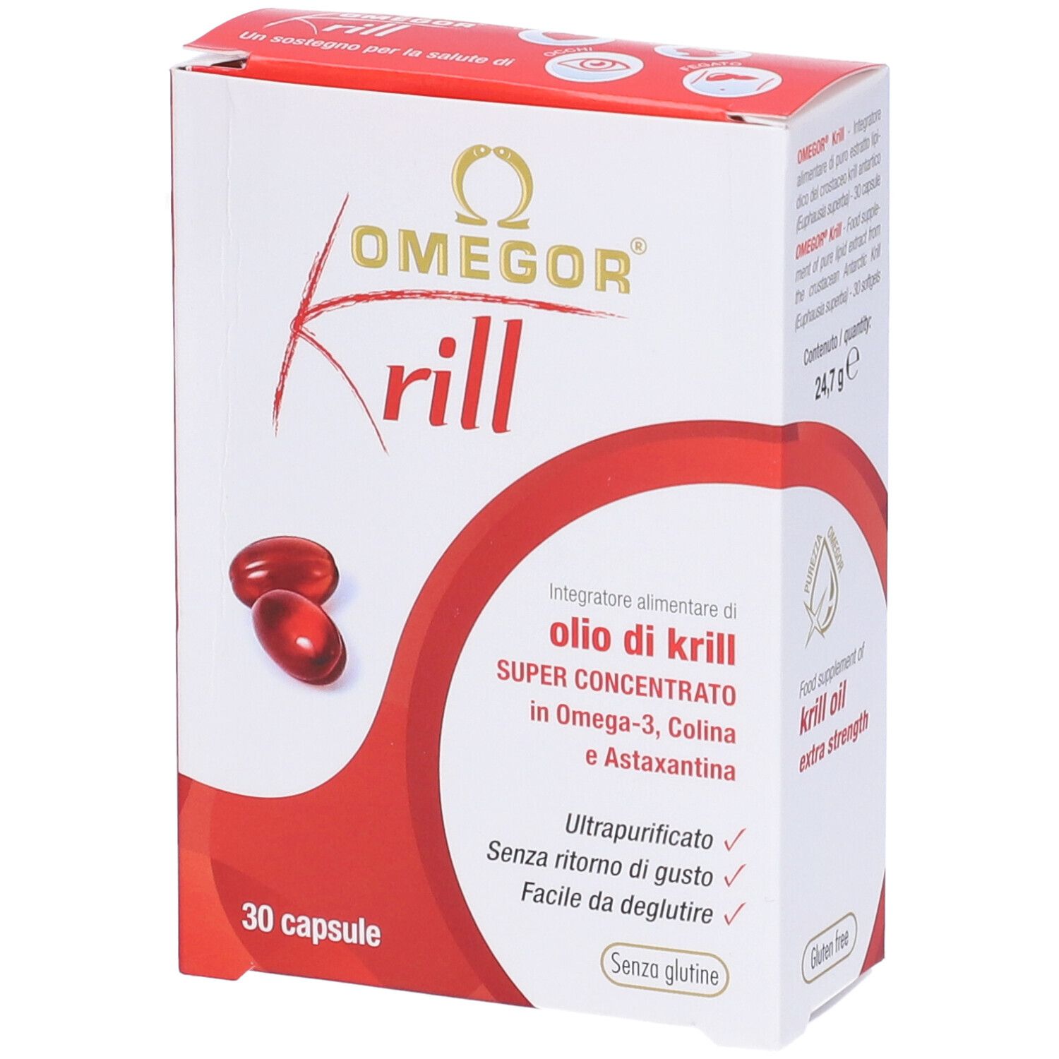 Scatola bianca e rossa con nome prodotto OMEGOR Krill. 30 capsule, informazioni prodotto in italiano.