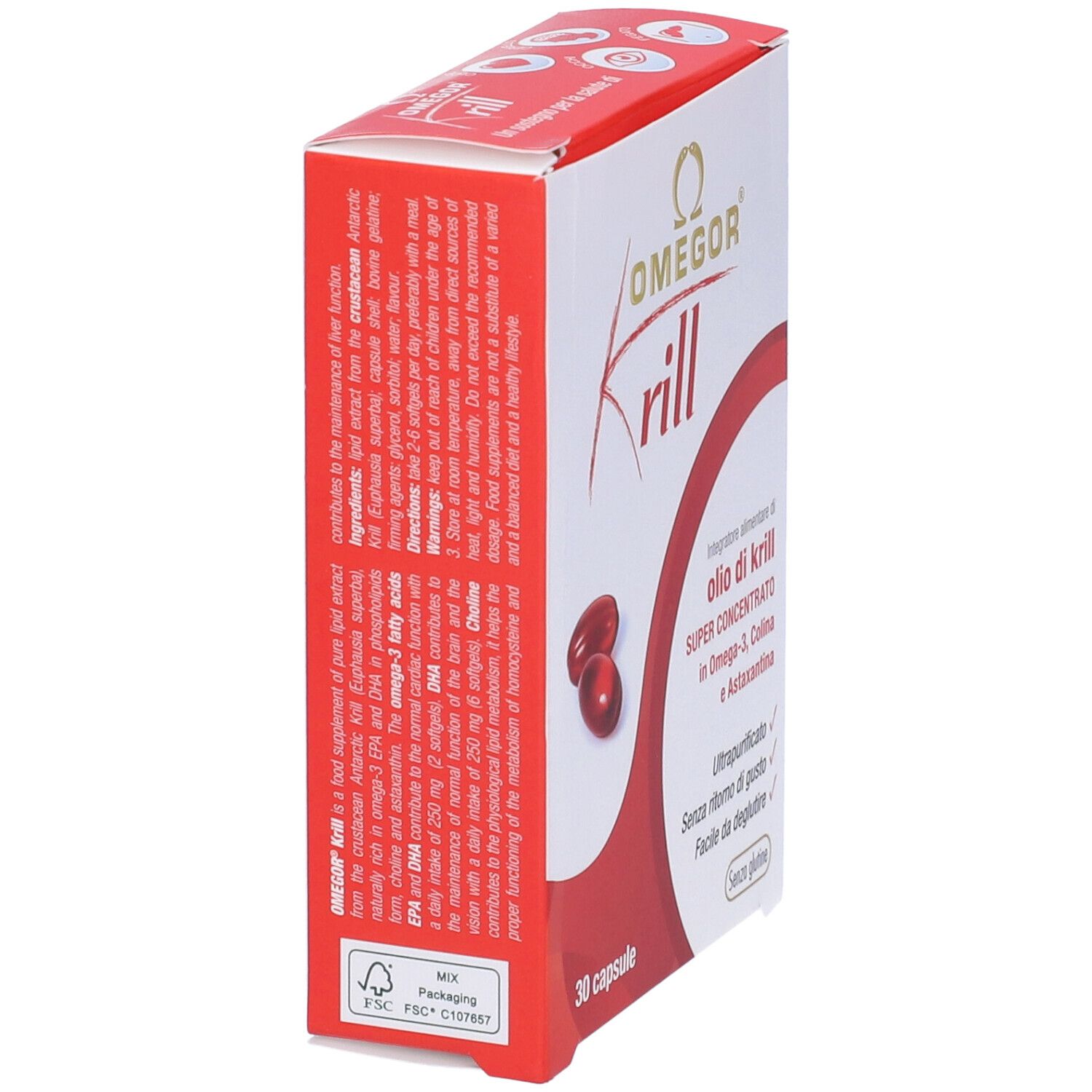 Vista laterale della confezione OMEGOR Krill. Scatola bianca con grafica e testo rossi. Contiene informazioni sul prodotto.