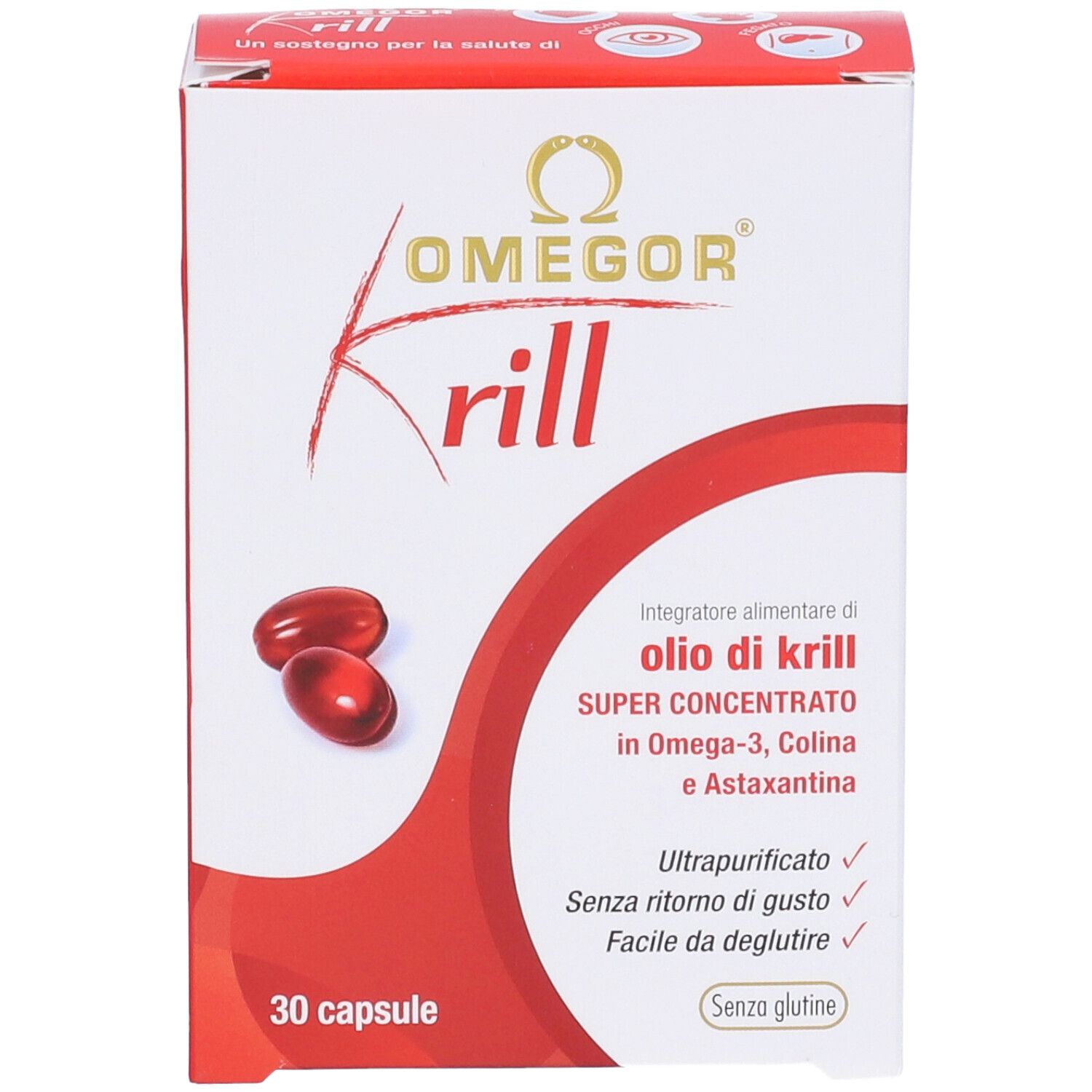 Scatola bianca e rossa con nome prodotto OMEGOR Krill. 30 capsule, informazioni prodotto in italiano.