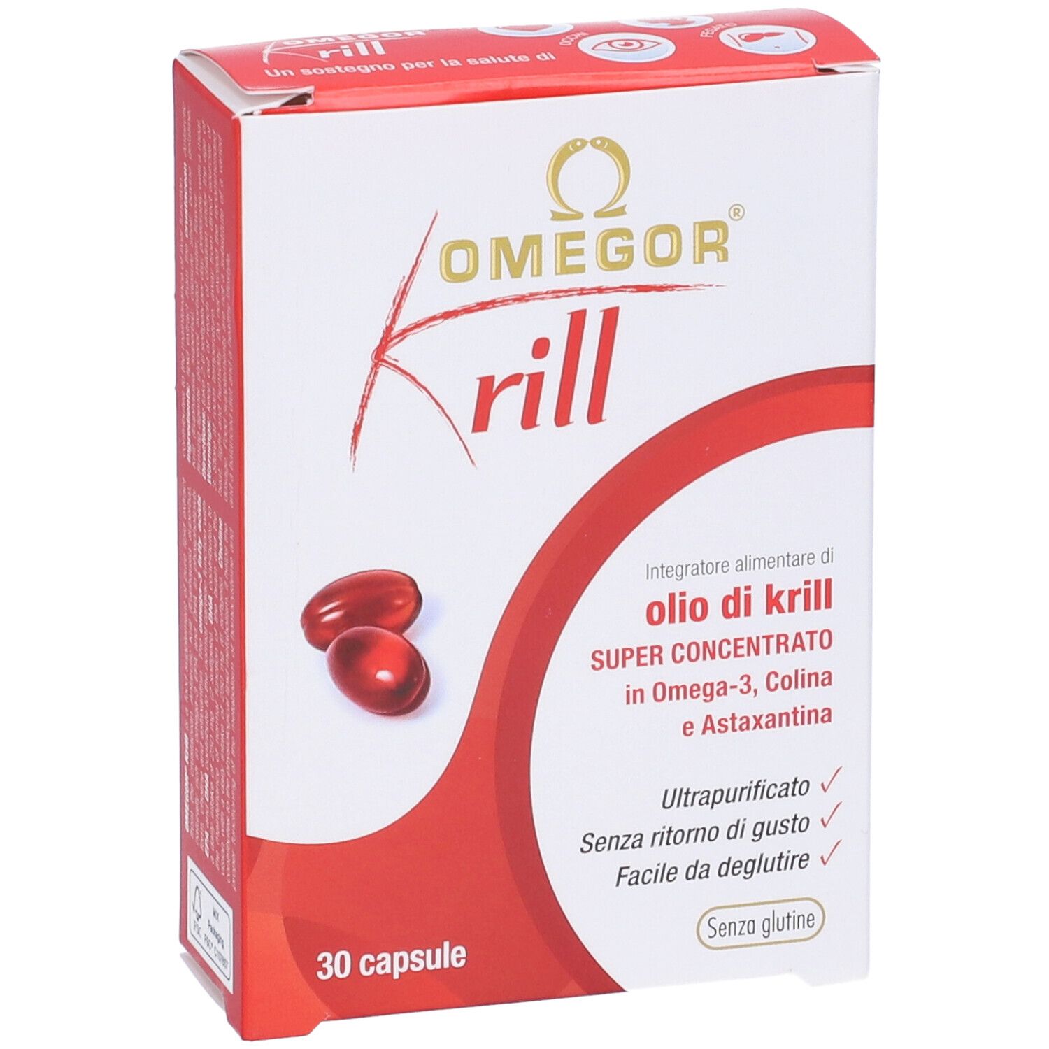 Scatola bianca e rossa con nome prodotto OMEGOR Krill. 30 capsule, informazioni prodotto in italiano.