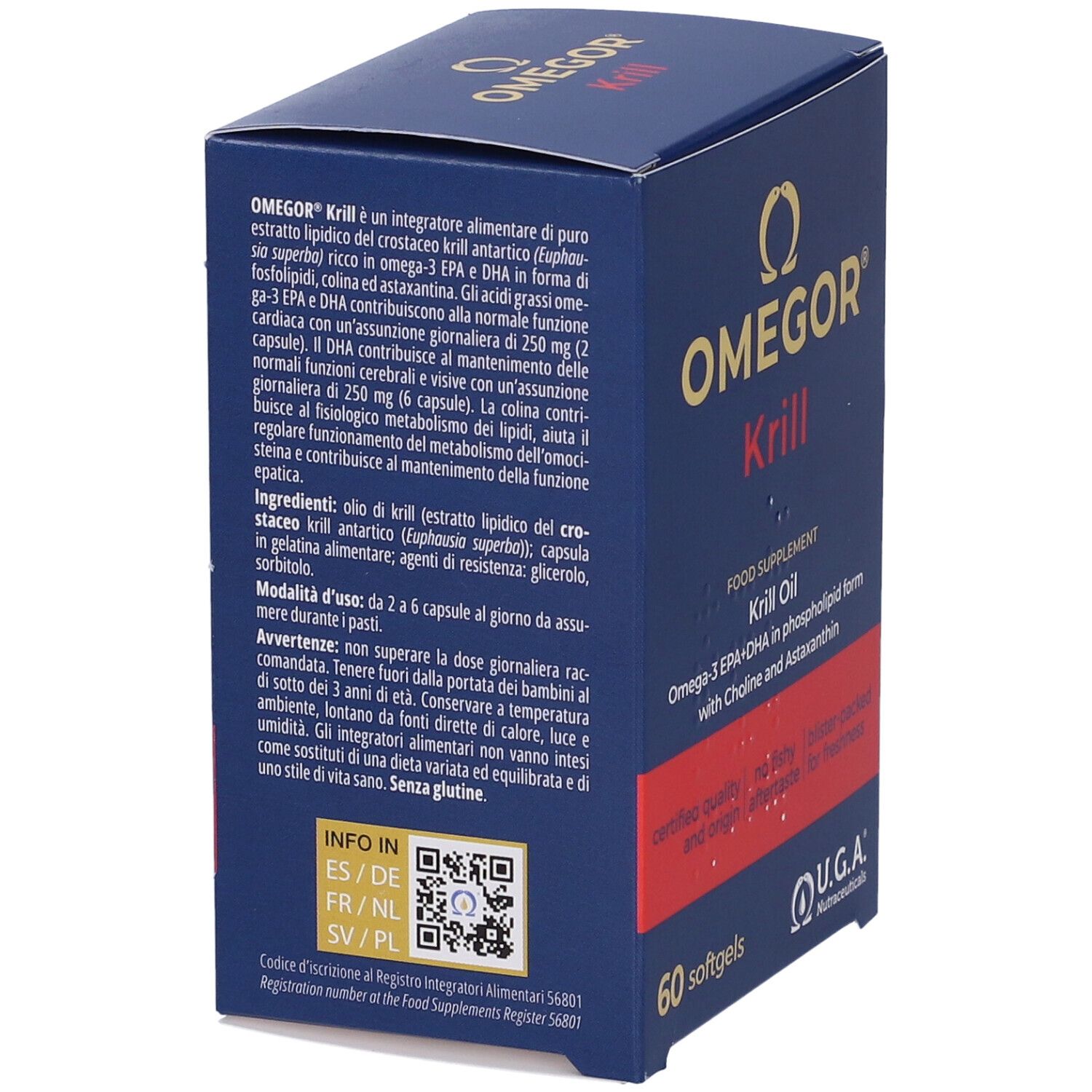 Retro della scatola OMEGOR Krill. Testo in italiano. Codice QR e informazioni multilingue.
