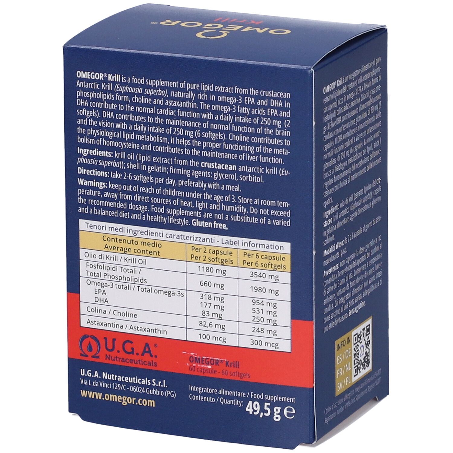 Retro della scatola OMEGOR Krill. Testo in italiano. Informazioni nutrizionali e ingredienti.