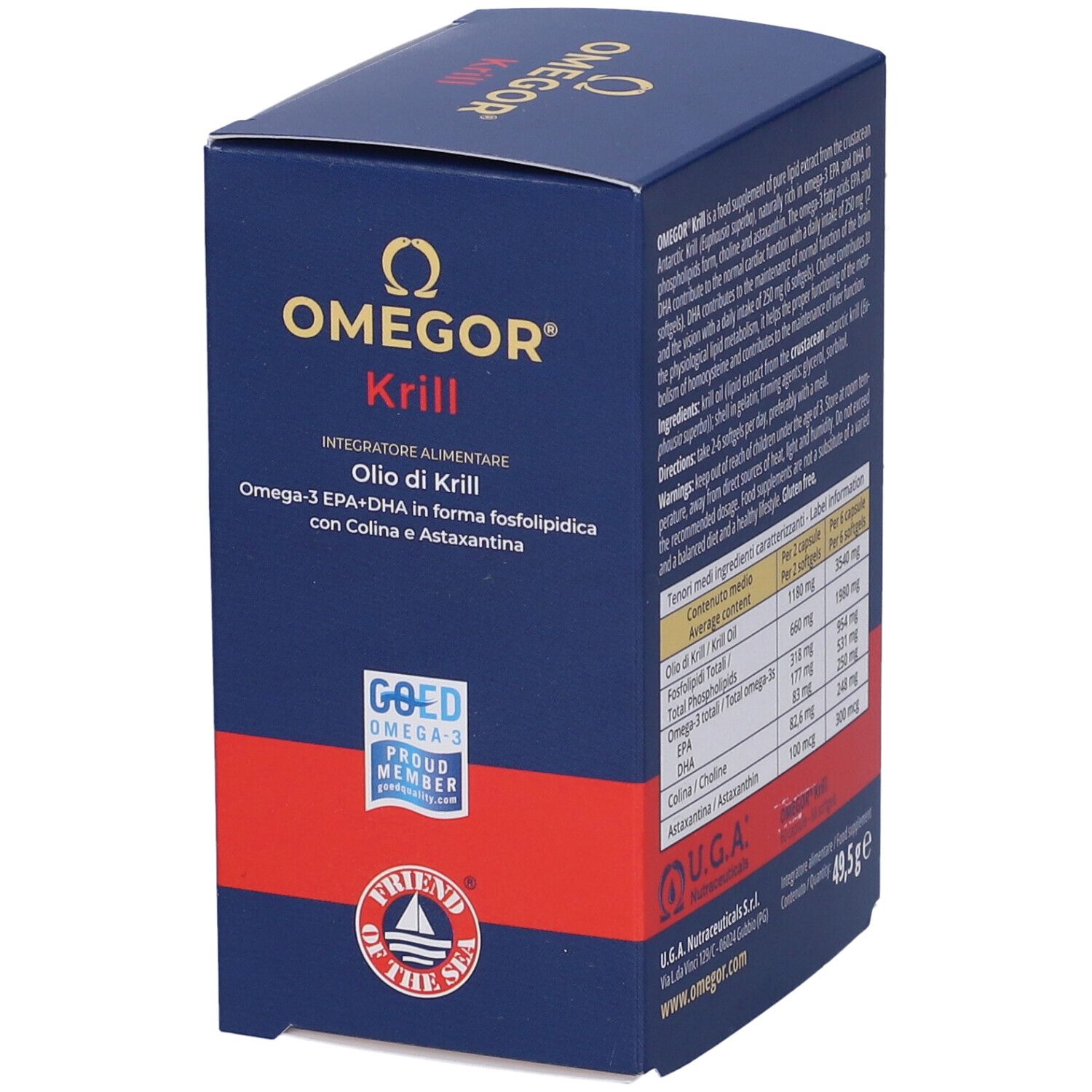 Scatola OMEGOR Krill con certificazione GOED e logo Friend of the Sea. Testo in italiano.