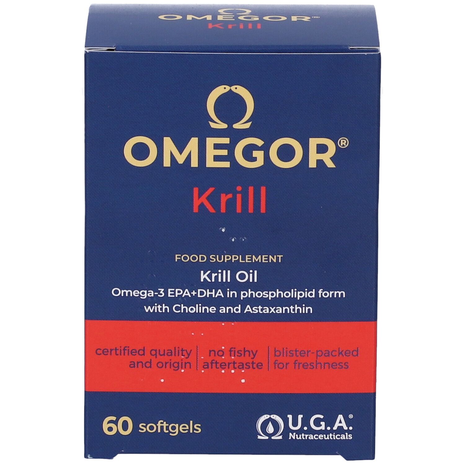 Scatola blu OMEGOR Krill. Scritto: 60 softgels, Omega-3 EPA+DHA. Logo U.G.A. Nutraceuticals.