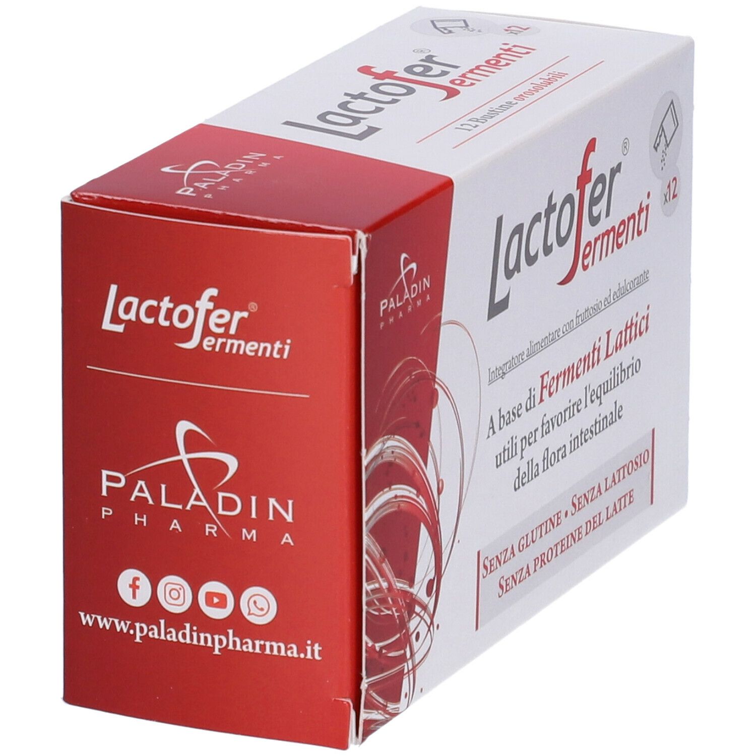 Vista angolata della confezione "Lactofer fermenti". Scatola rossa e bianca con logo Paladin Pharma e testo italiano.