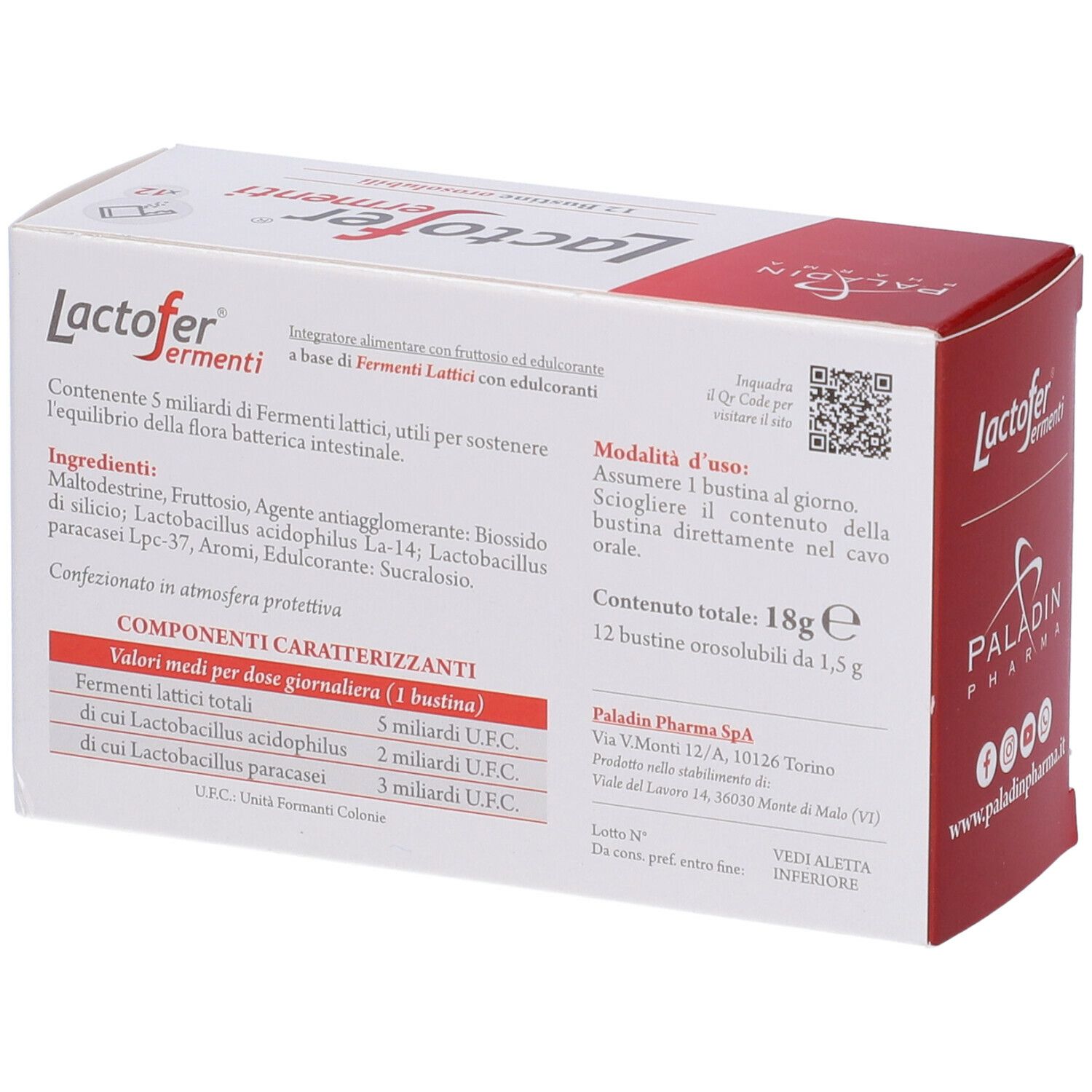 Retro della confezione "Lactofer fermenti". Contiene informazioni sugli ingredienti e l'uso. Logo Paladin Pharma.