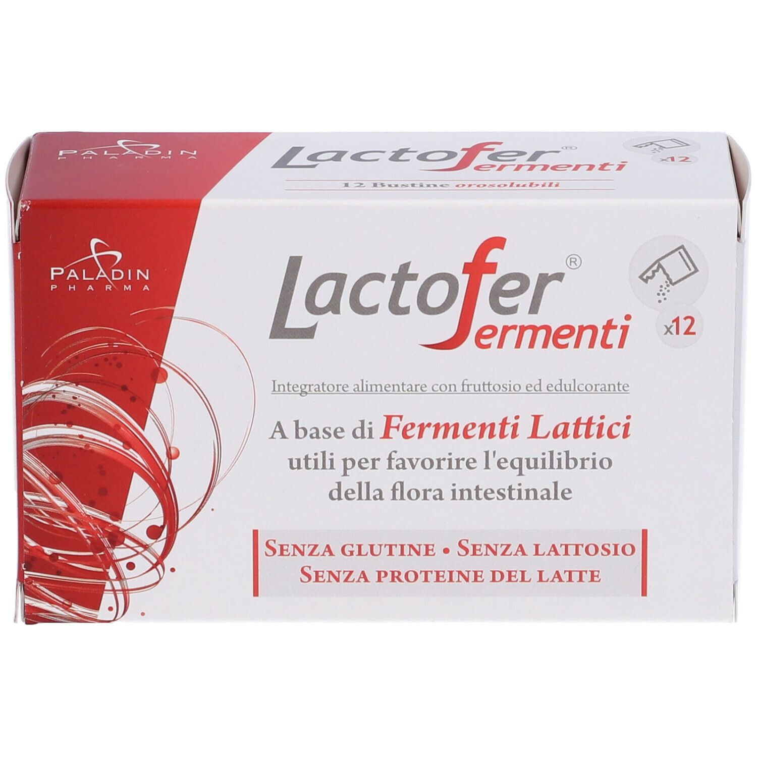 Scatola "Lactofer fermenti" con 12 bustine. Confezione rossa e bianca con logo Paladin Pharma. Testo in italiano.