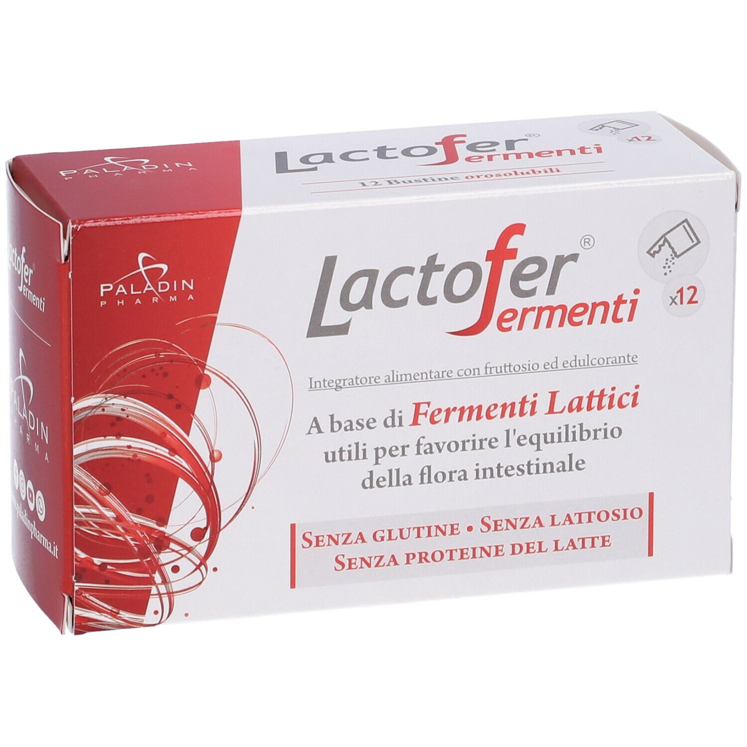 Scatola "Lactofer fermenti" con 12 bustine. Confezione rossa e bianca con logo Paladin Pharma. Testo in italiano.