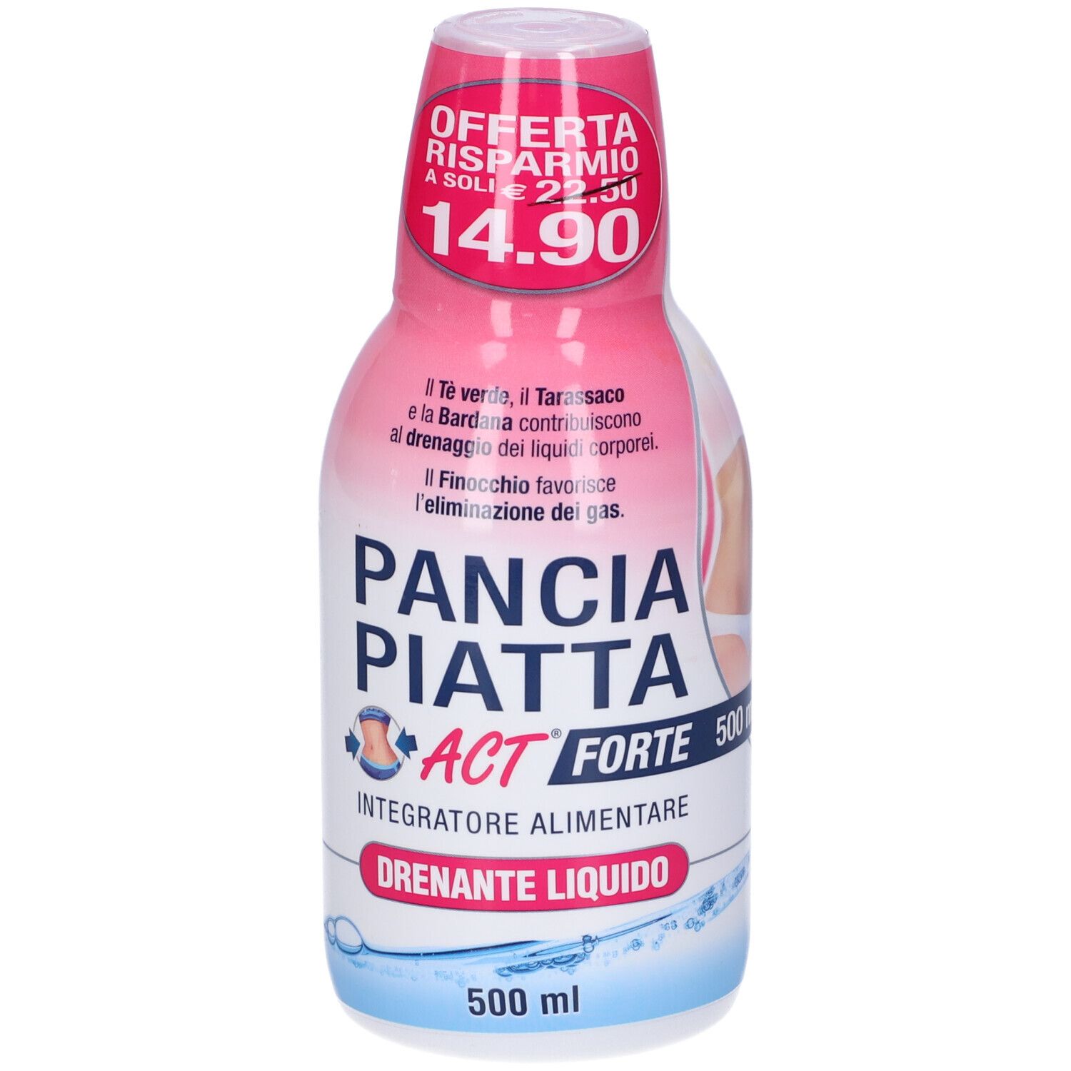 Integratore alimentare liquido in bottiglia rosa e bianca. Scritta: Pancia Piatta Act Forte, 500 ml. Prezzo promozionale: 14,90 €.