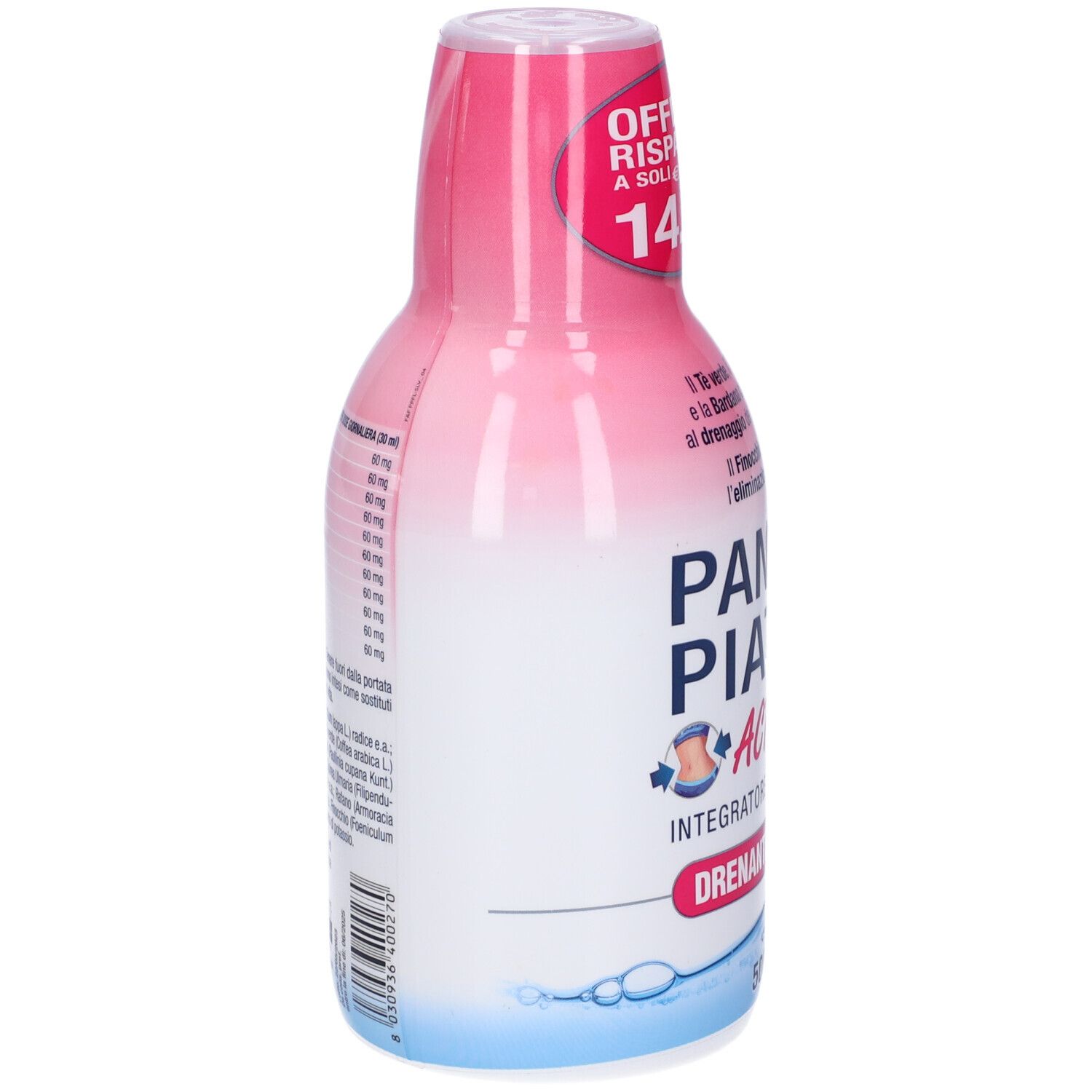Bottiglia rosa e bianca con integratore alimentare liquido. Scritta: Pancia Piatta Act Forte. Retro con ingredienti e dosaggio.