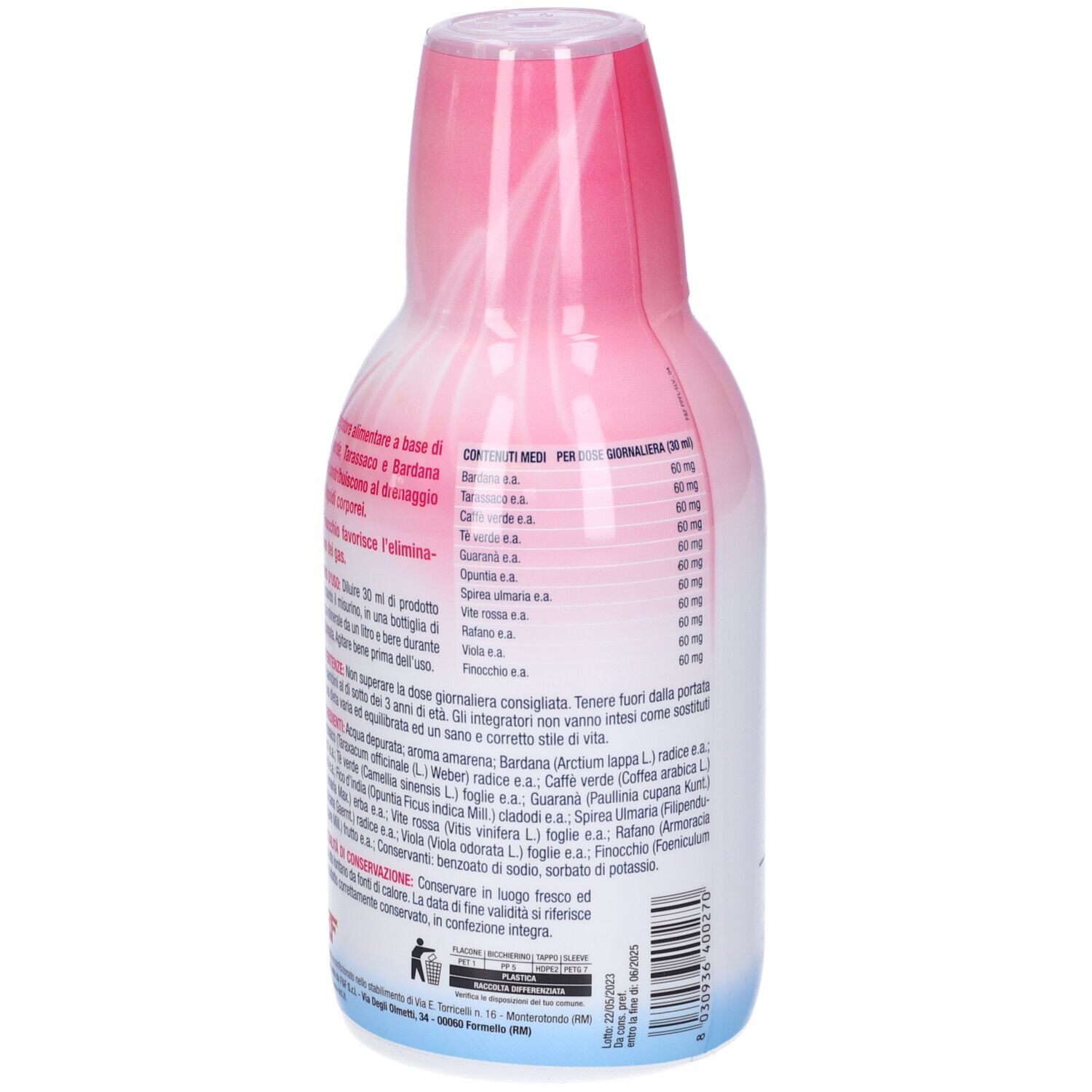 Retro di una bottiglia rosa e bianca di integratore alimentare liquido. Contiene ingredienti e istruzioni per il dosaggio.
