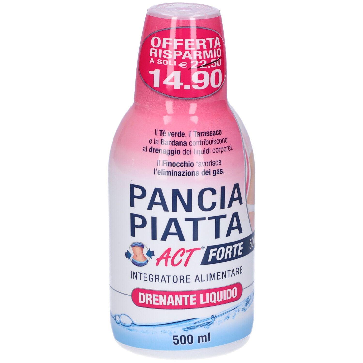 Integratore alimentare liquido in bottiglia rosa e bianca. Scritta: Pancia Piatta Act Forte, 500 ml. Prezzo promozionale: 14,90 €.
