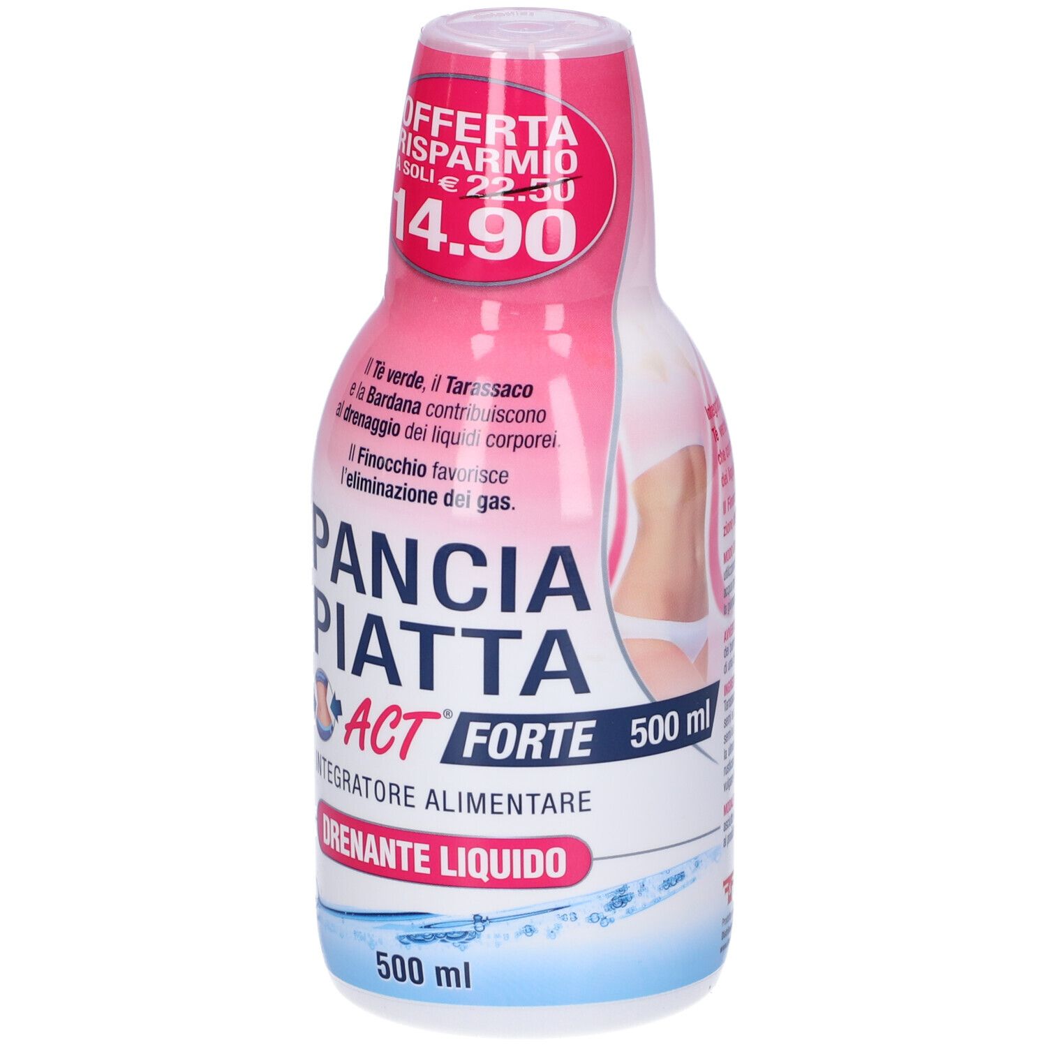 Integratore alimentare liquido in bottiglia rosa e bianca. Scritta: Pancia Piatta Act Forte, 500 ml. Immagine di una donna.