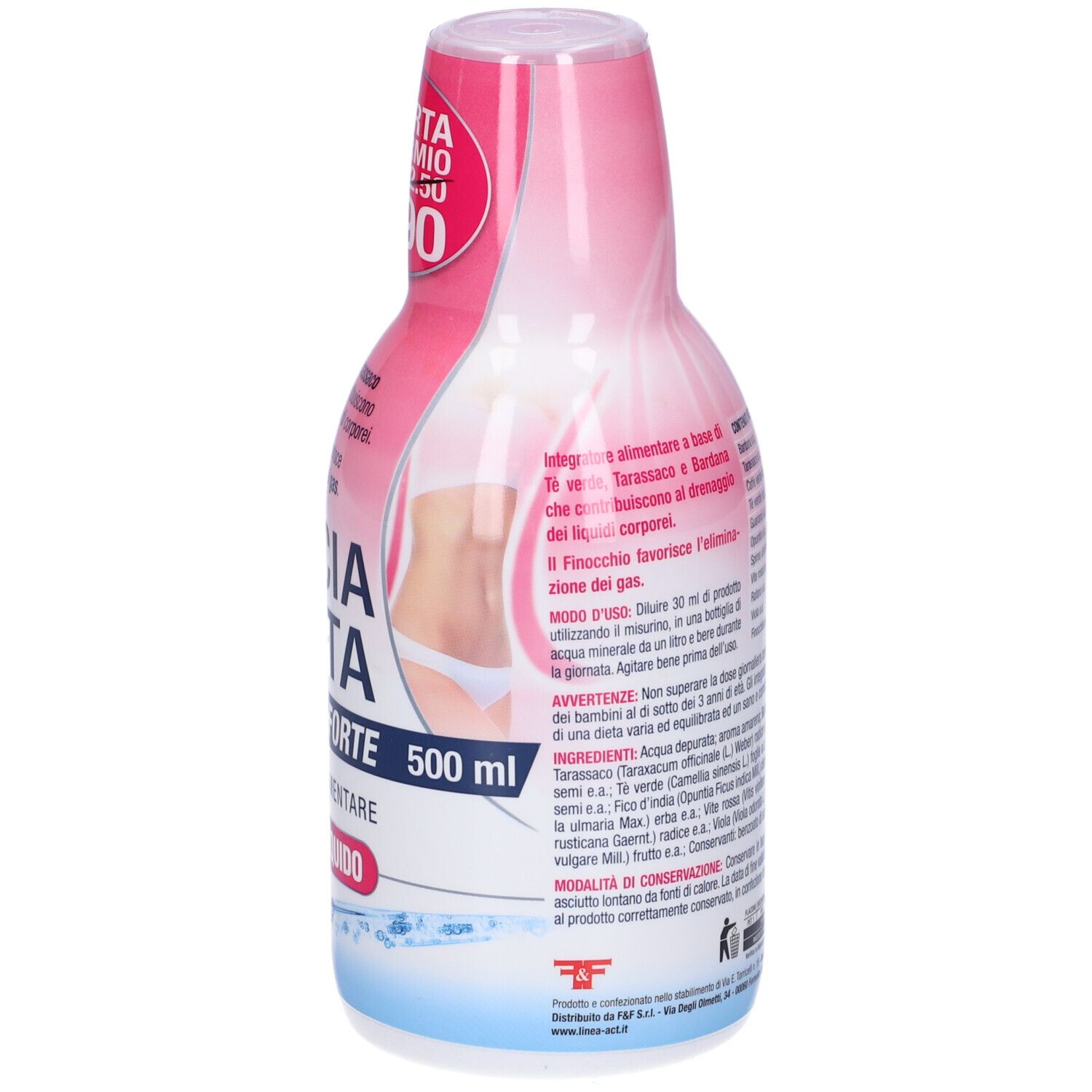 Retro di una bottiglia rosa e bianca di integratore alimentare liquido. Scritta: Pancia Piatta Act Forte, 500 ml. Contiene ingredienti.