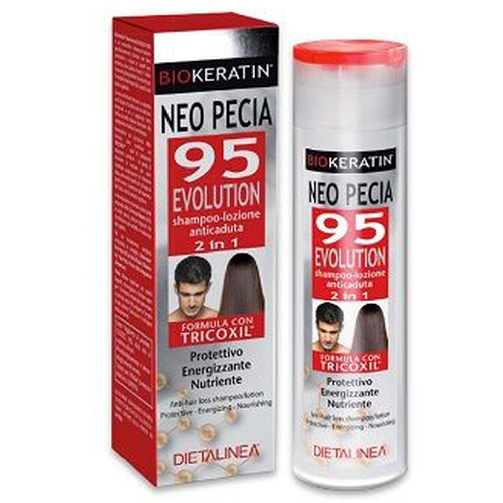 Biokeratin Neo Pecia 95 Evolution Shampoo Lozione Anticaduta. Confezione rossa e bianca. Prodotto e scatola affiancati.