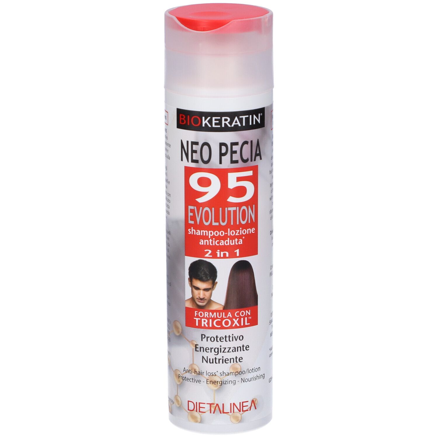 Biokeratin Neo Pecia 95 Evolution Shampoo Lozione Anticaduta. Flacone bianco con tappo rosso. Vista del prodotto.