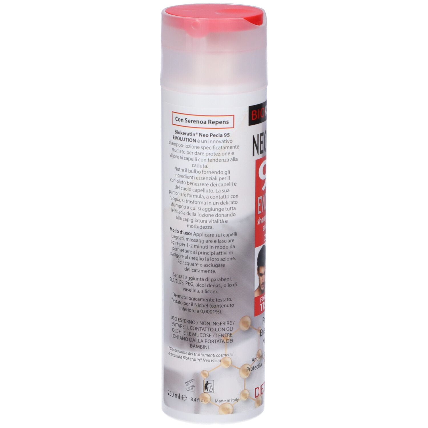 Biokeratin Neo Pecia 95 Evolution Shampoo Lozione Anticaduta. Retro del flacone con testo. Tappo rosso.