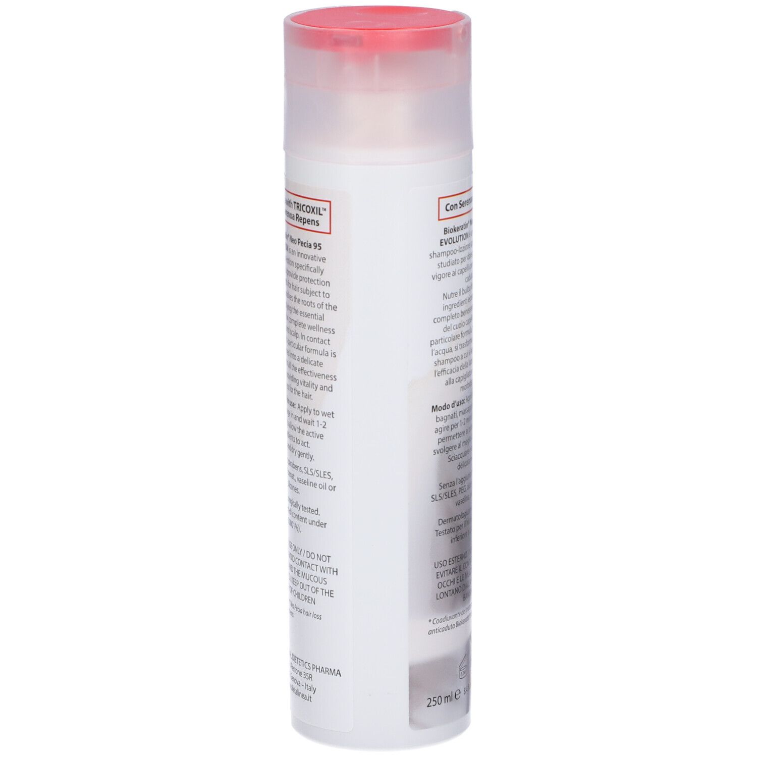 Biokeratin Neo Pecia 95 Evolution Shampoo Lozione Anticaduta. Retro del flacone con testo. Tappo rosso.