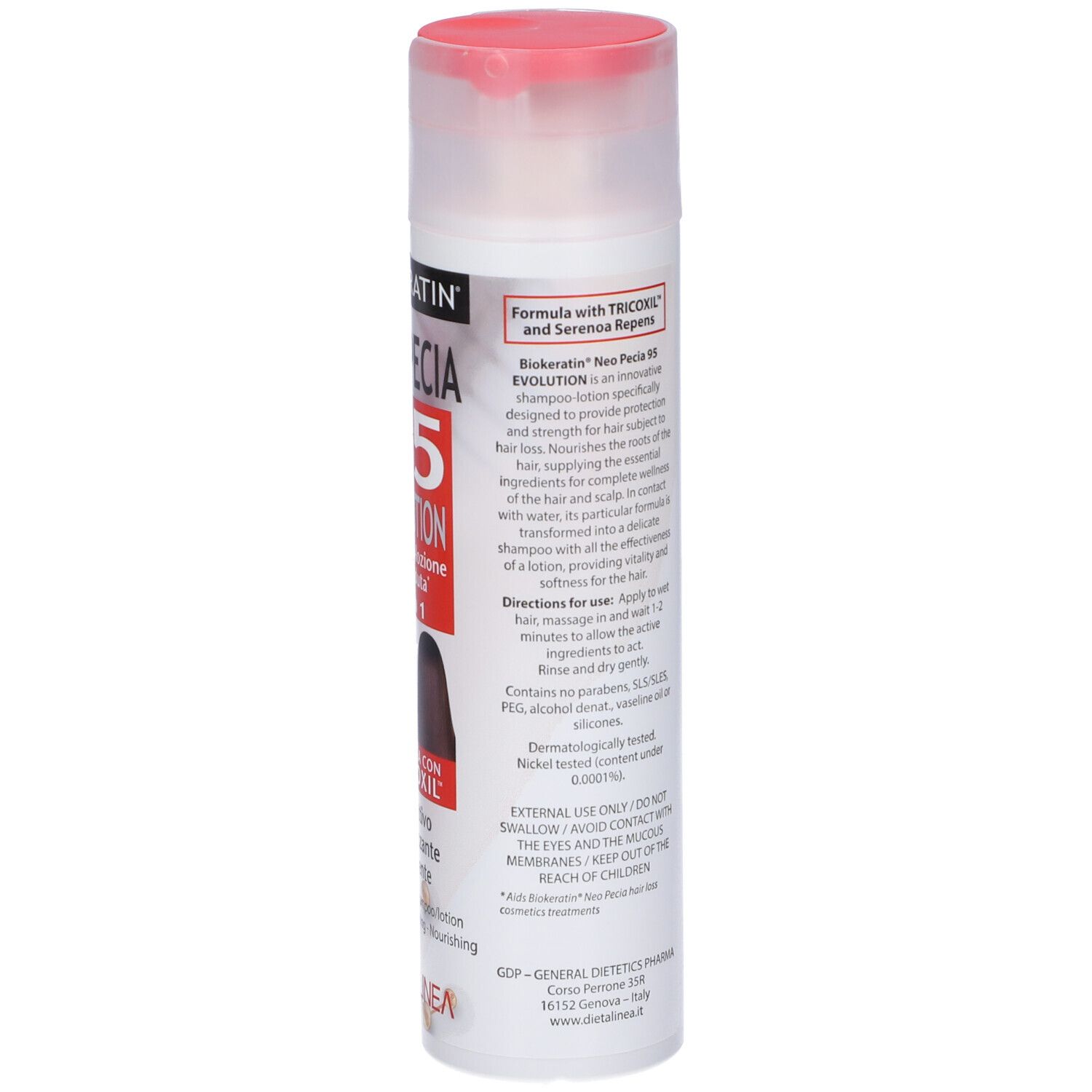 Biokeratin Neo Pecia 95 Evolution Shampoo Lozione Anticaduta. Retro del flacone con testo. Tappo rosso.