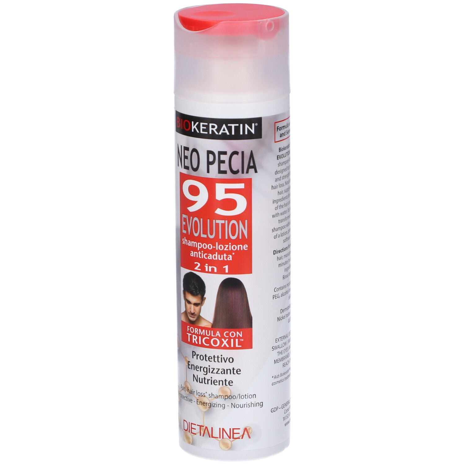 Biokeratin Neo Pecia 95 Evolution Shampoo Lozione Anticaduta. Flacone bianco con tappo rosso. Vista del prodotto.