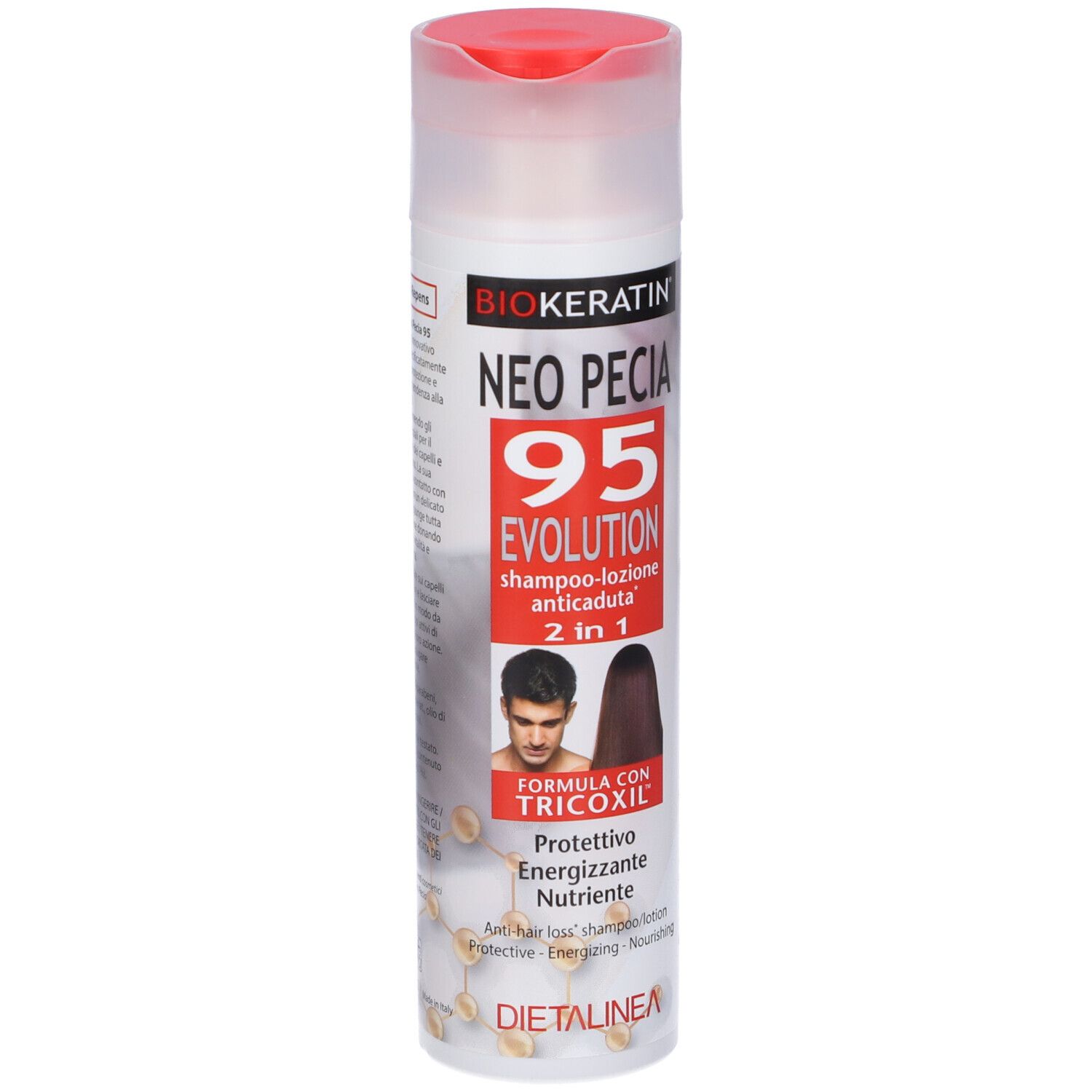 Biokeratin Neo Pecia 95 Evolution Shampoo Lozione Anticaduta. Flacone bianco con tappo rosso. Vista del prodotto.