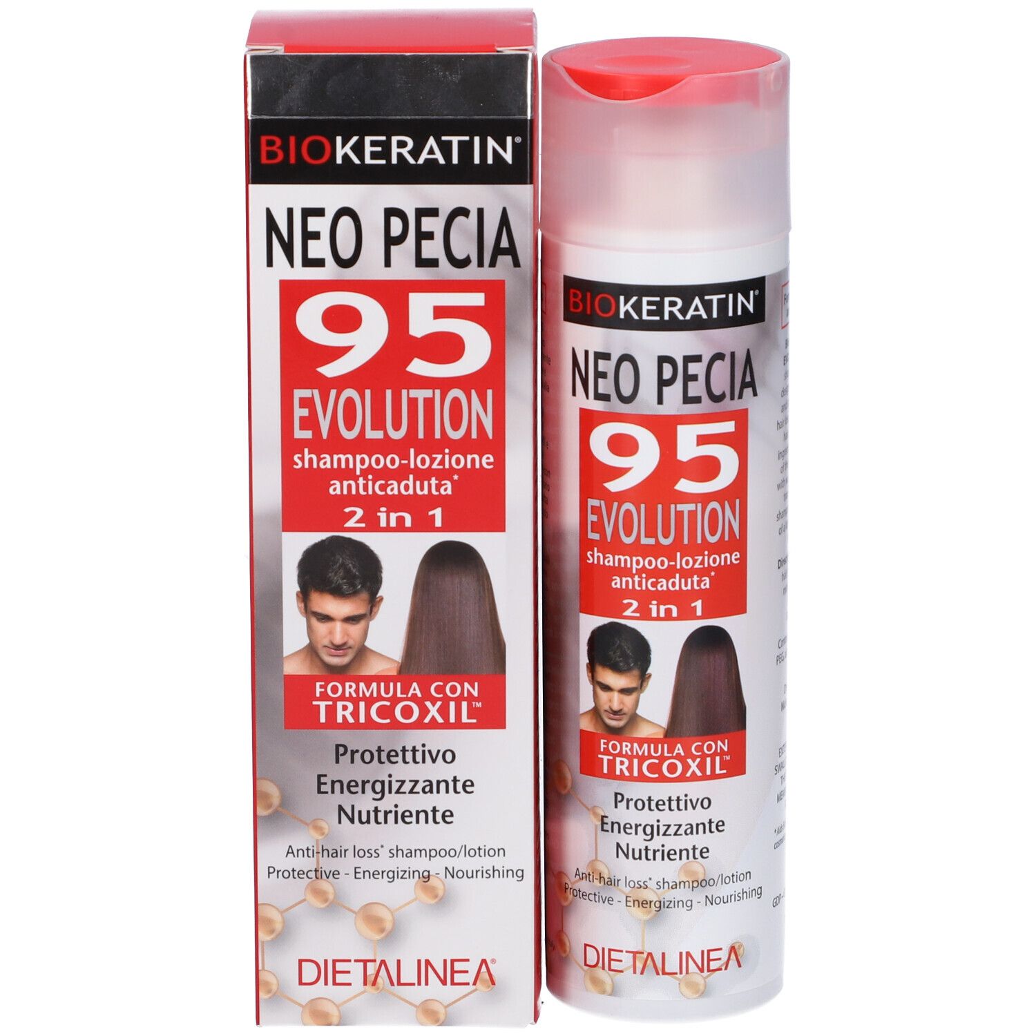 Biokeratin Neo Pecia 95 Evolution Shampoo Lozione Anticaduta. Confezione rossa e bianca. Prodotto e scatola affiancati.