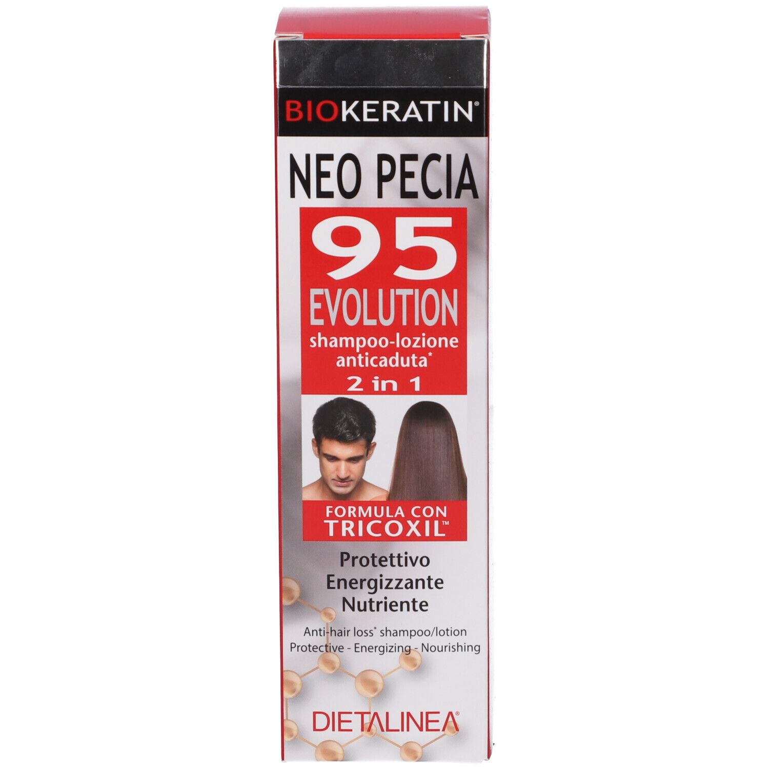 Biokeratin Neo Pecia 95 Evolution Shampoo Lozione Anticaduta. Confezione rossa. Vista del prodotto.