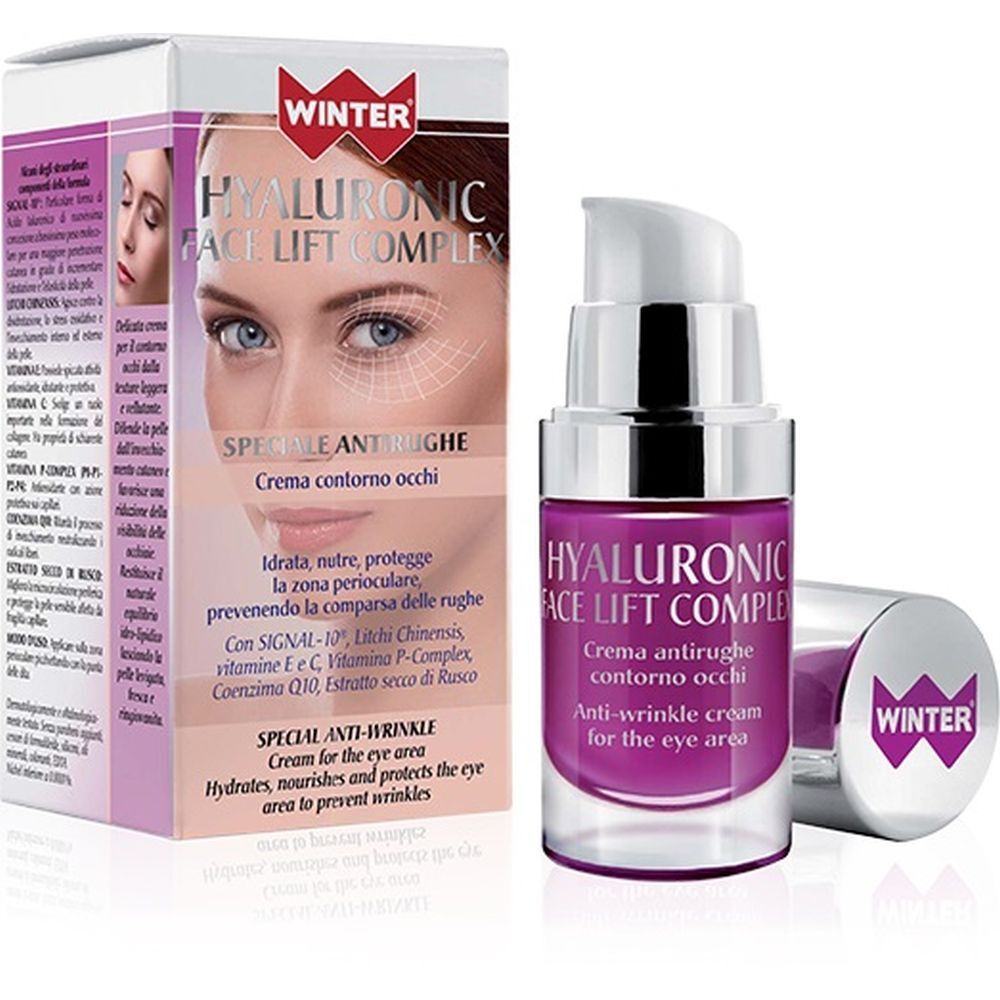 Confezione e flacone di crema per gli occhi. Scritta: Hyaluronic Face Lift Complex. Marchio: Winter. Testo: Crema antirughe per il contorno occhi.