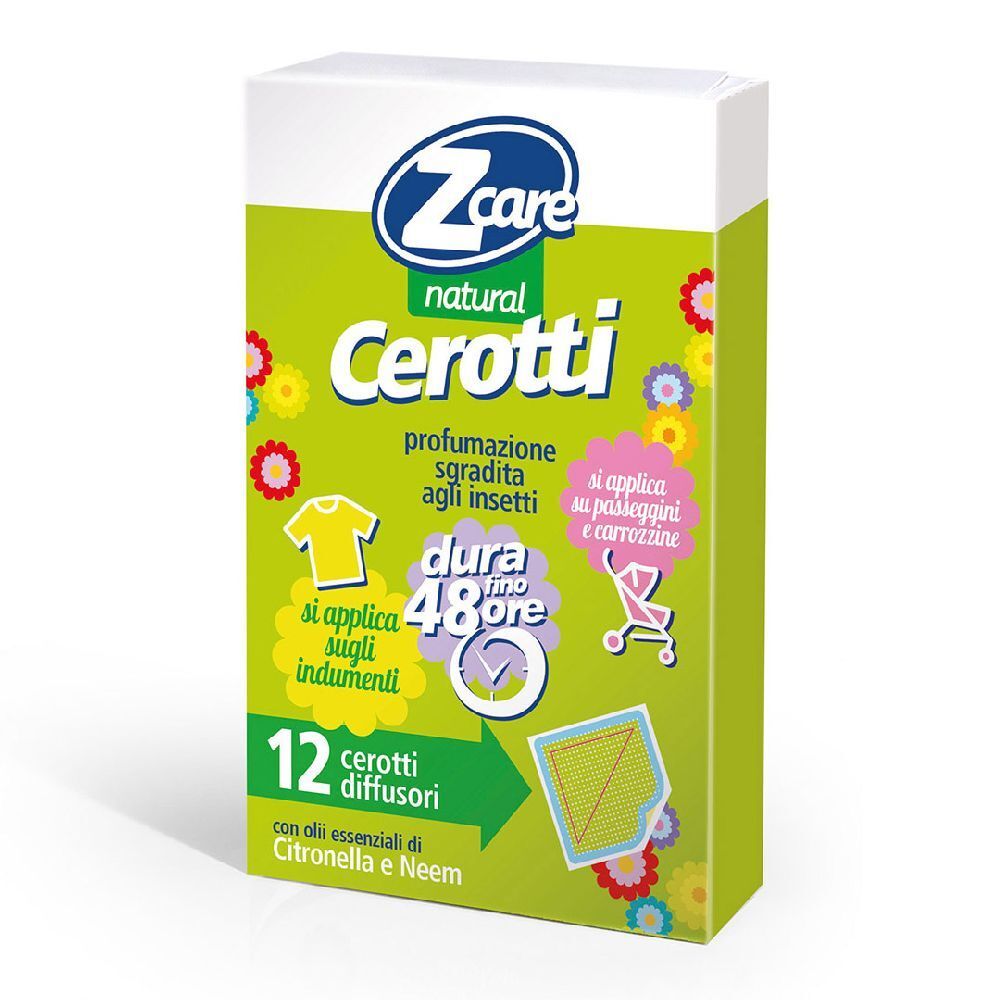 Confezione di 12 cerotti ZCare. Confezione verde con nome del prodotto e illustrazioni.