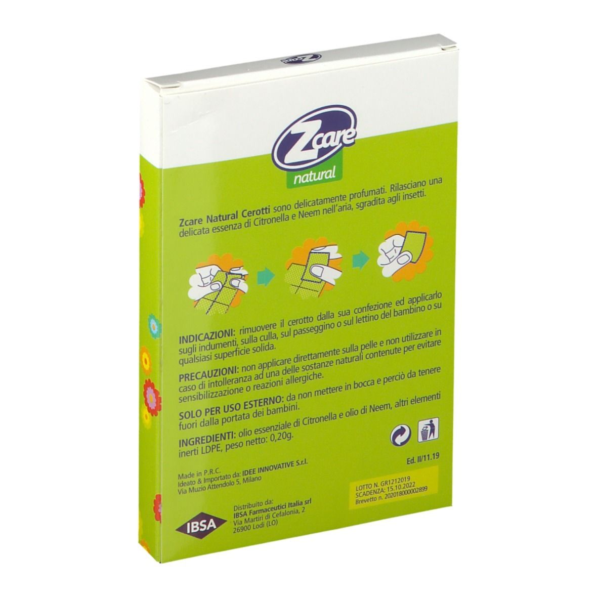 Retro della confezione di cerotti ZCare. Confezione verde con informazioni sul prodotto e testo.