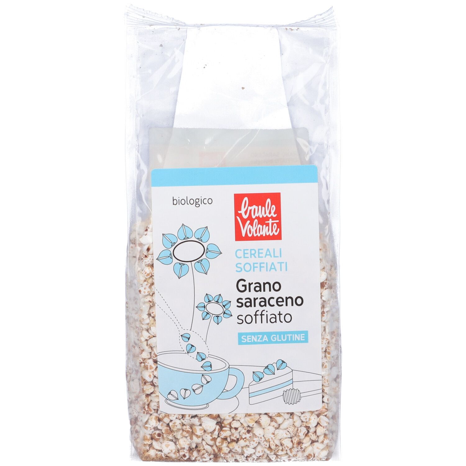 Busta trasparente con etichetta "baule volante". Contiene grano saraceno soffiato. Testo: "Cereali Soffiati", "Grano saraceno soffiato", "Senza glutine".